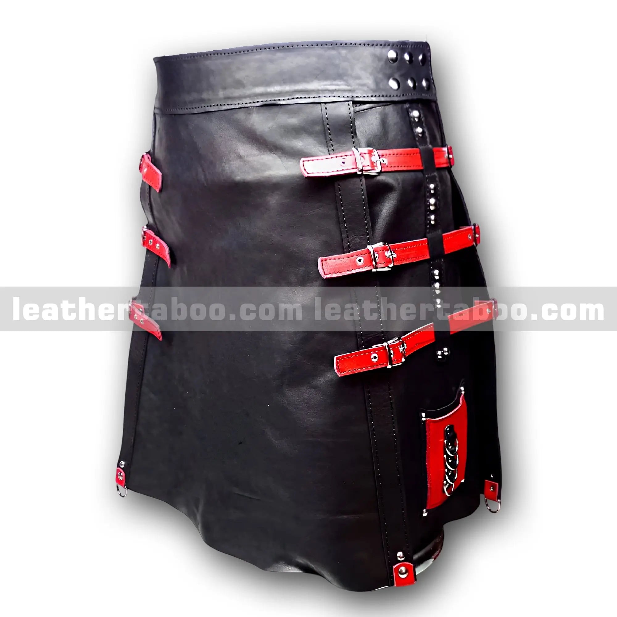 Unisex Premium Sheepskin Leather Black Skirt with Red Buckle Straps | Adjustable Waist Skirt for Fashion & Statement Wear - Leather taboo