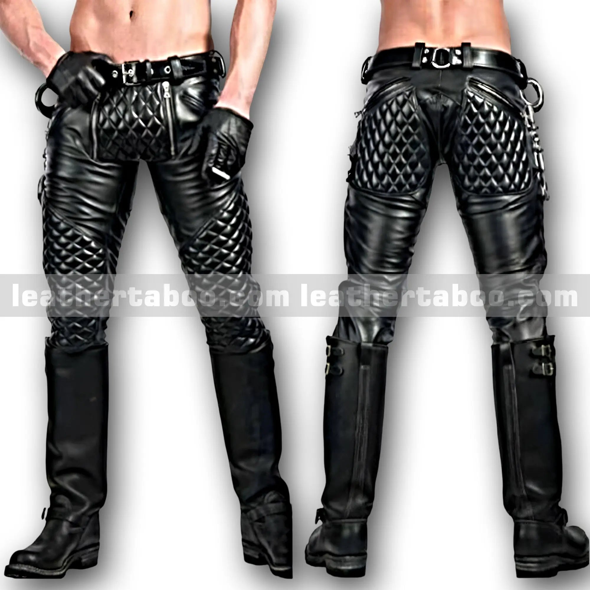 Menโs Premium Sheepskin Leather Pants with Quilted Panels & Belted Waist Stylish Leather Trousers for Unique Streetwear (boots not included) - Leather taboo