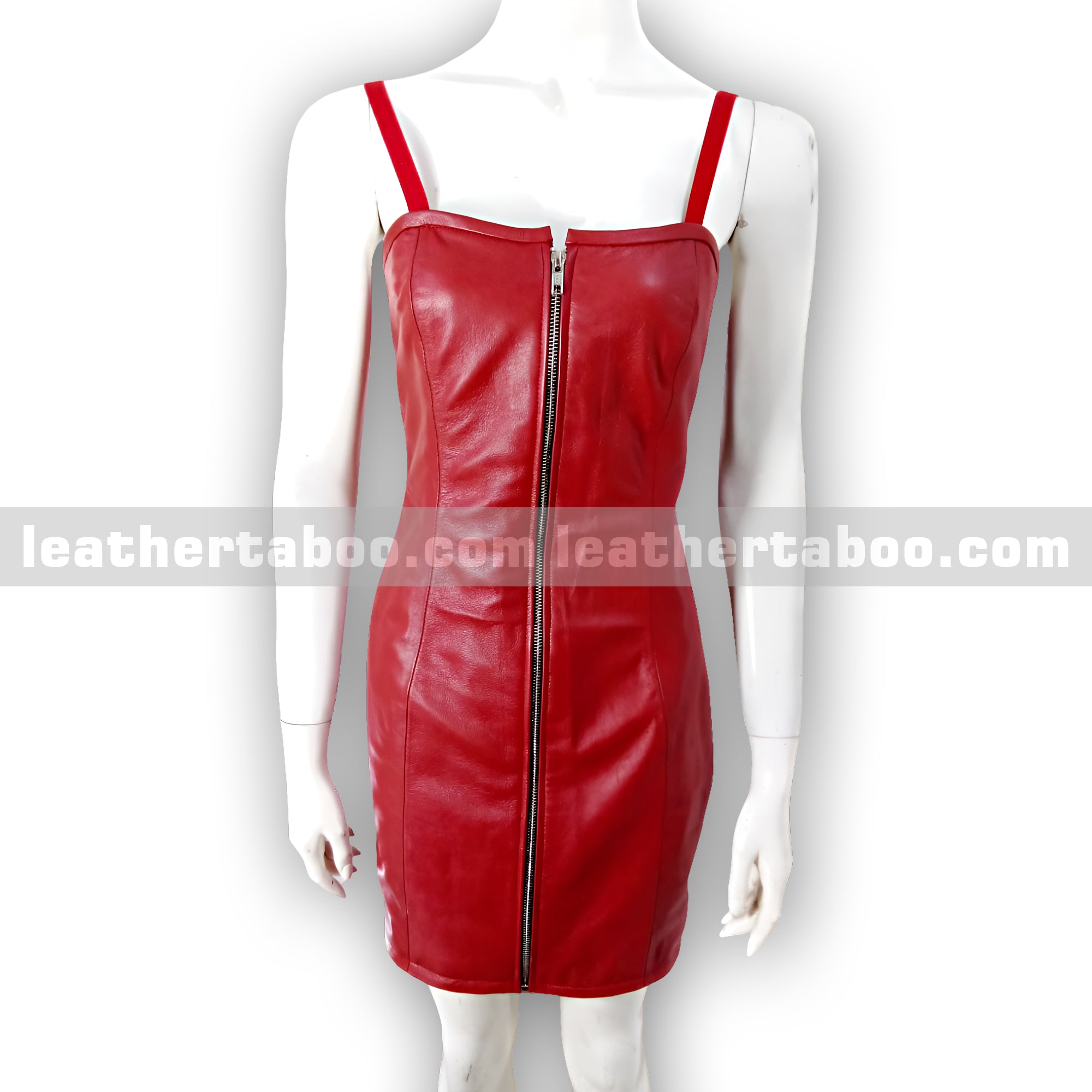 Women’s Red Sheepskin Leather Bodycon Dress with Adjustable Straps and Full Front Zipper – Elegant Fitted Party Outfit