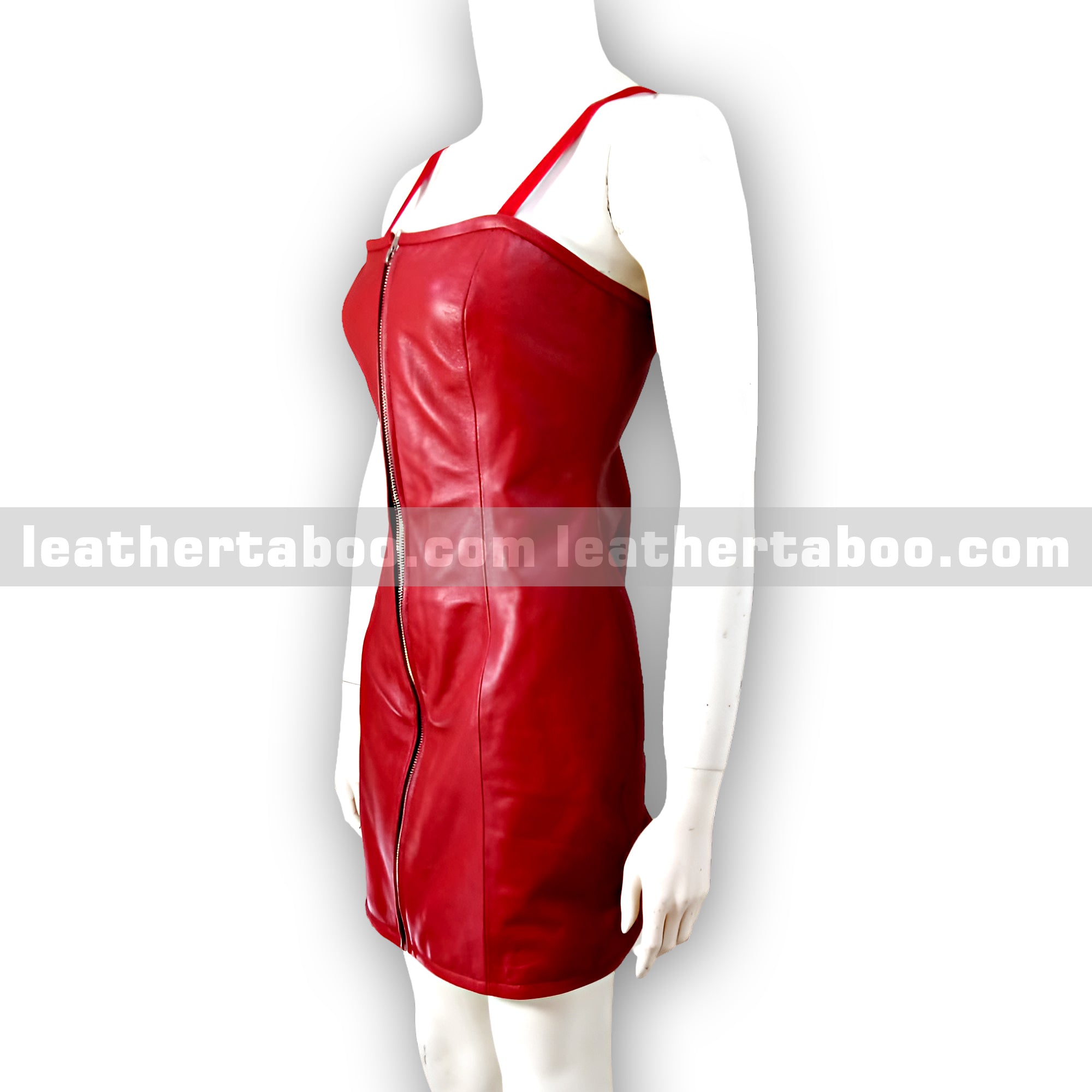 Women’s Red Sheepskin Leather Bodycon Dress with Adjustable Straps and Full Front Zipper – Elegant Fitted Party Outfit