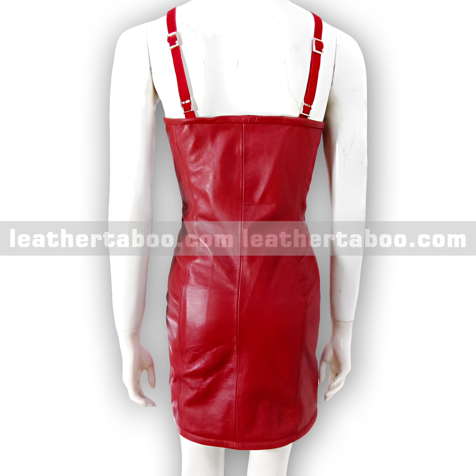 Women’s Red Sheepskin Leather Bodycon Dress with Adjustable Straps and Full Front Zipper – Elegant Fitted Party Outfit