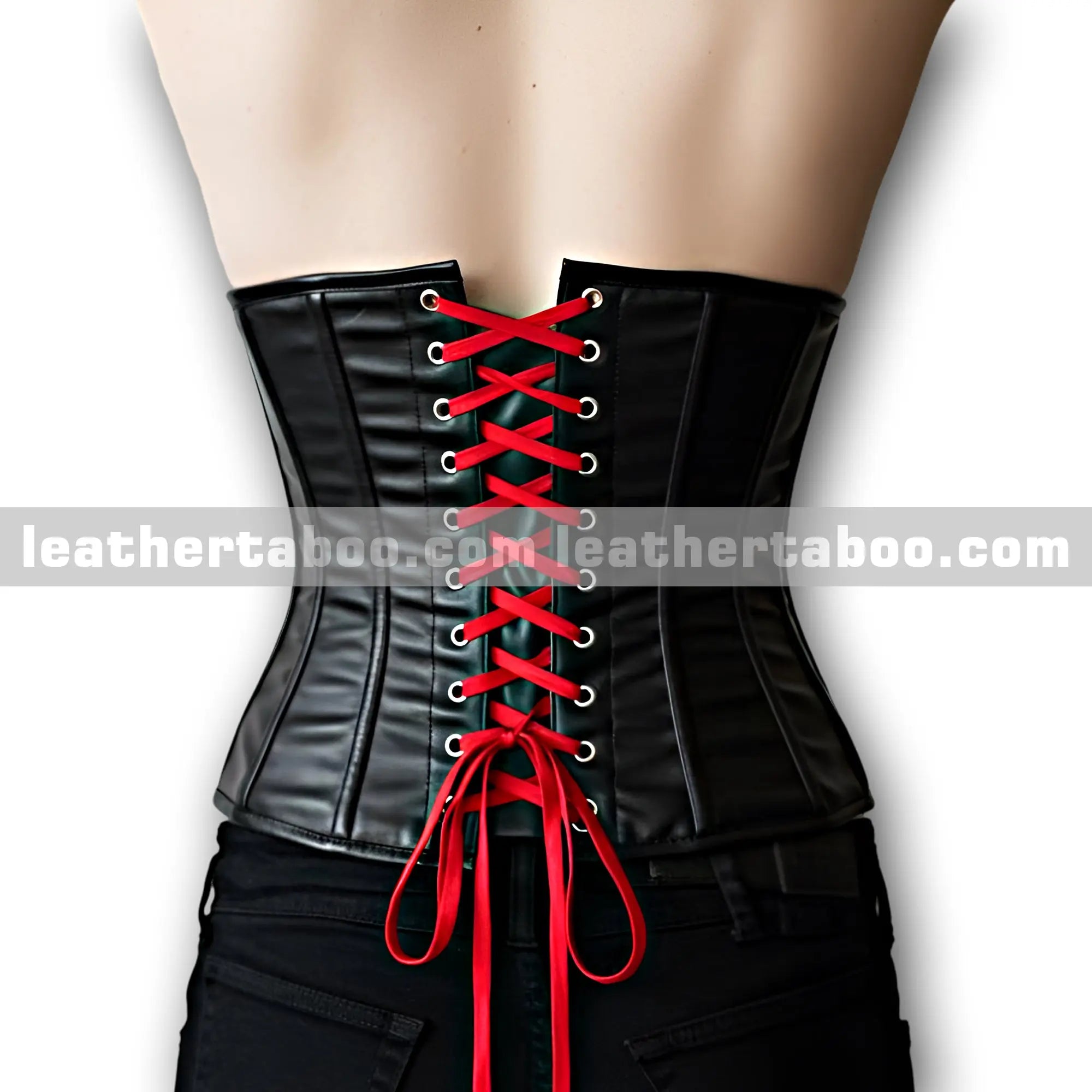 Womenโs Luxury Black Leather Corset Top with Red Lace-Up Design, Supportive Boning and Contoured Slim Fit - Leather taboo