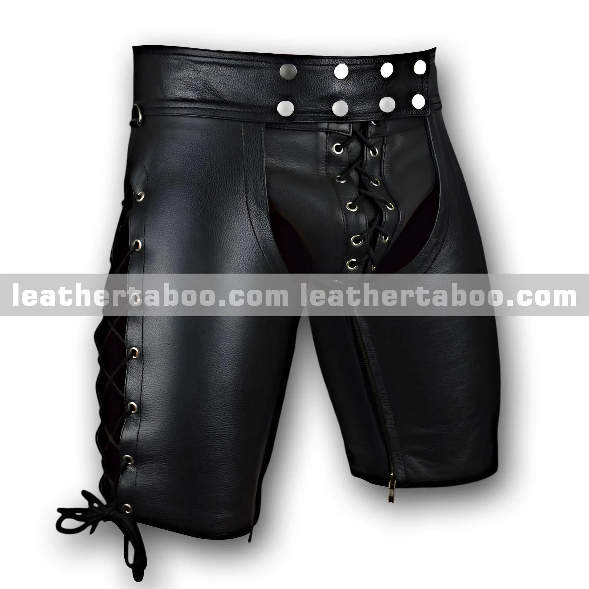 Men's Premium Sheepskin Leather Boxer Shorts โ Lace-Up Front, Side Lacing, Snap Waist, Zippered Inseam, Mid-Thigh Fit - Leather taboo