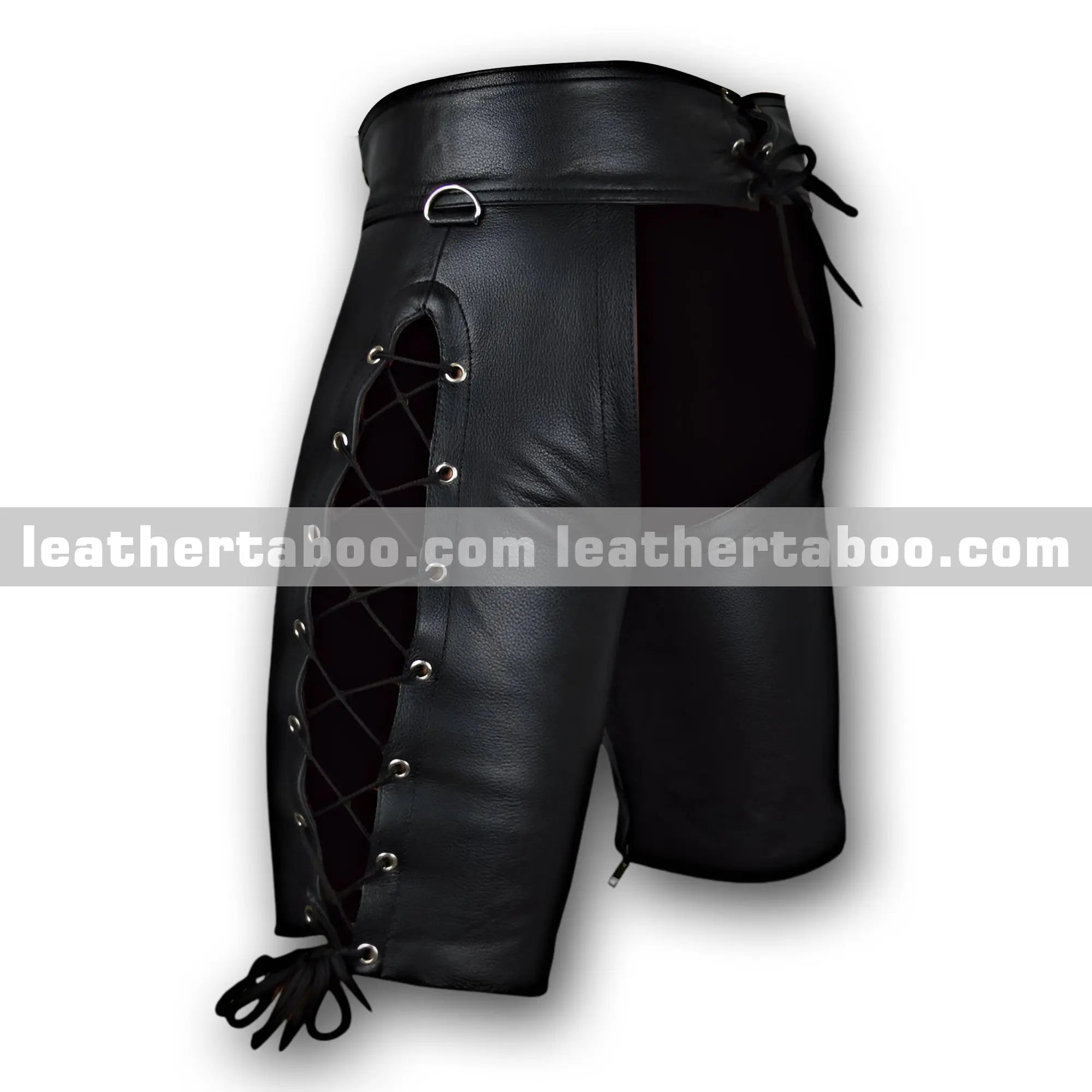 Men's Premium Sheepskin Leather Boxer Shorts โ Lace-Up Front, Side Lacing, Snap Waist, Zippered Inseam, Mid-Thigh Fit - Leather taboo