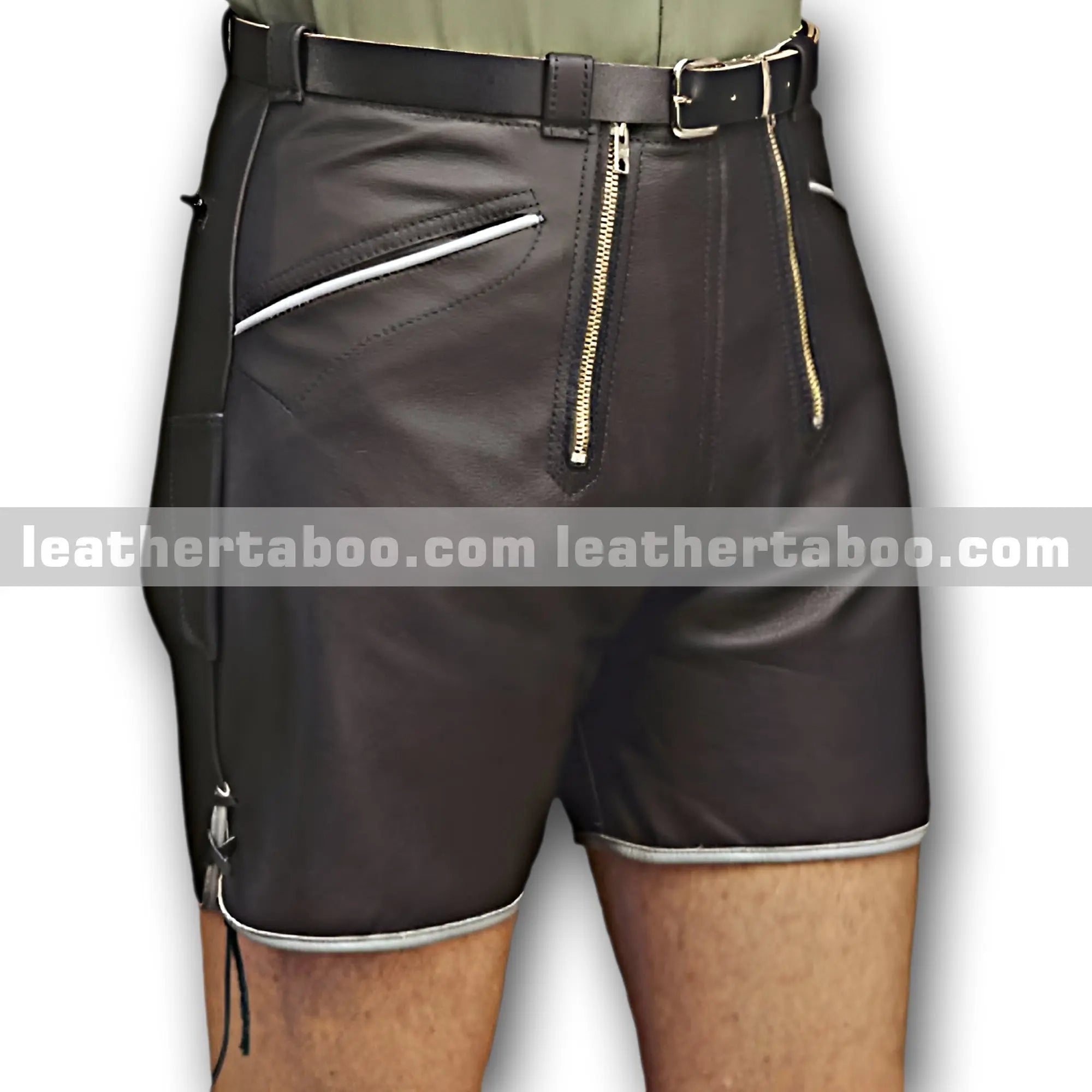 Men's Sheepskin Leather Shorts with Front Zippers and Side Laces โ Dark Finish, Belt Loops, Contrast Trim, Edgy Streetwear - Leather taboo