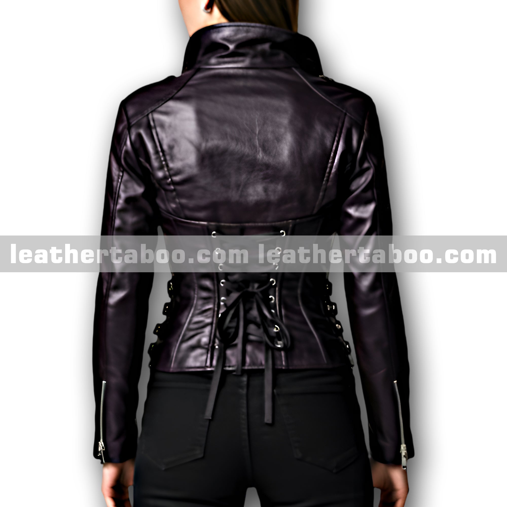 Women’s Sheepskin Leather Corset Jacket with Lace-Up Back and Buckles – Deep Purple, Zippered Cuffs, Fitted Waist Design