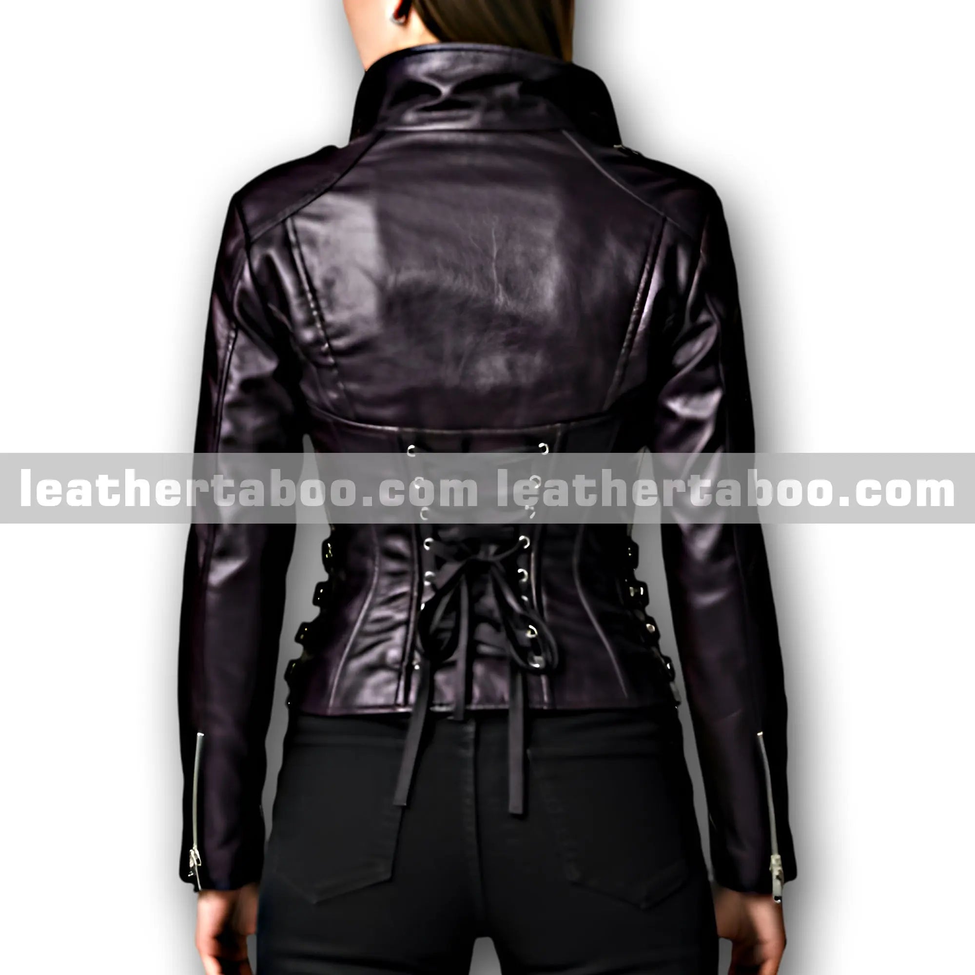 Womenโs Sheepskin Leather Corset Jacket with Lace-Up Back and Buckles โ Deep Purple, Zippered Cuffs, Fitted Waist Design - Leather taboo