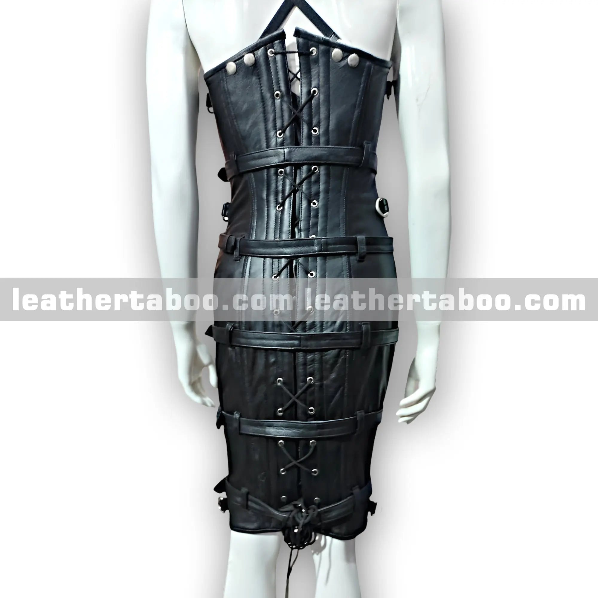 Women’s Premium Sheepskin Leather Buckled Dress with Front Zipper, Lace-Up Back, and Adjustable Fit – Bold Bodycon Style - Leather taboo