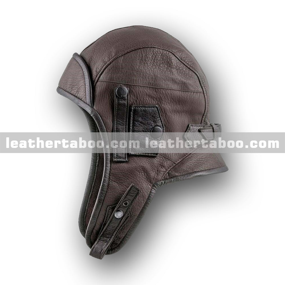 Brown Sheepskin Leather Hooded Helmet with Face Shield and Zippered Collar – Full Head Protective Design for Themed Wear