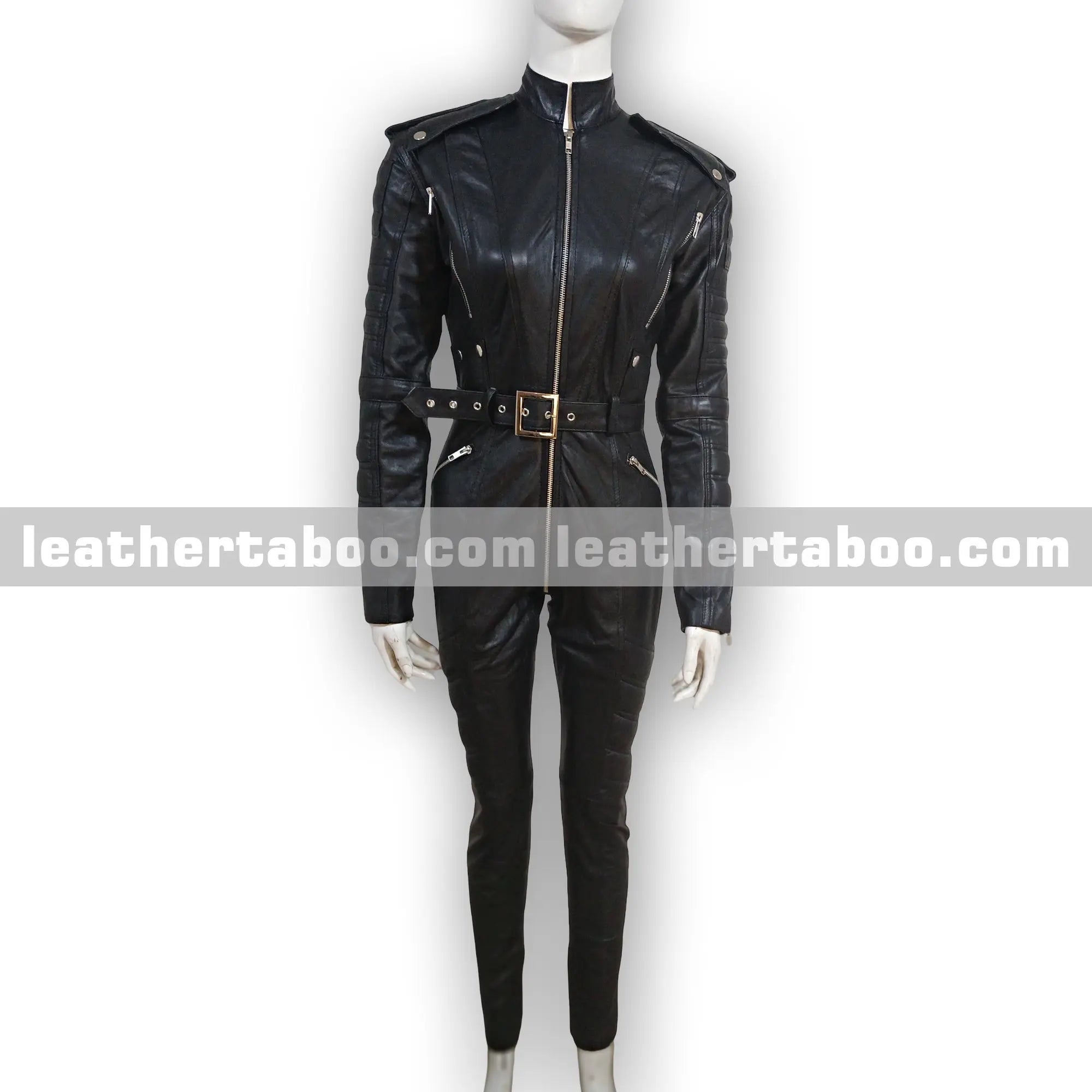 Women’s Black Sheepskin Leather Jumpsuit with Belt, Quilted Sleeves, Zipper Pockets, Shoulder Epaulets, Slim Fit Full Body Suit | Mature - Leather taboo