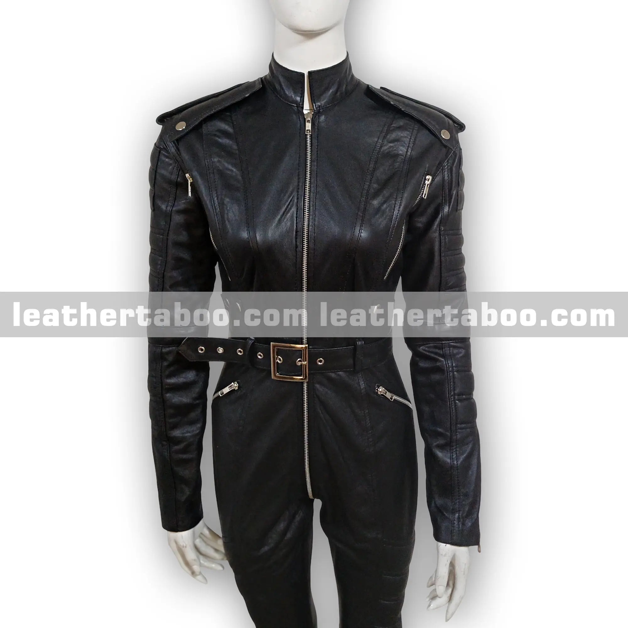 Women’s Black Sheepskin Leather Jumpsuit with Belt, Quilted Sleeves, Zipper Pockets, Shoulder Epaulets, Slim Fit Full Body Suit | Mature - Leather taboo