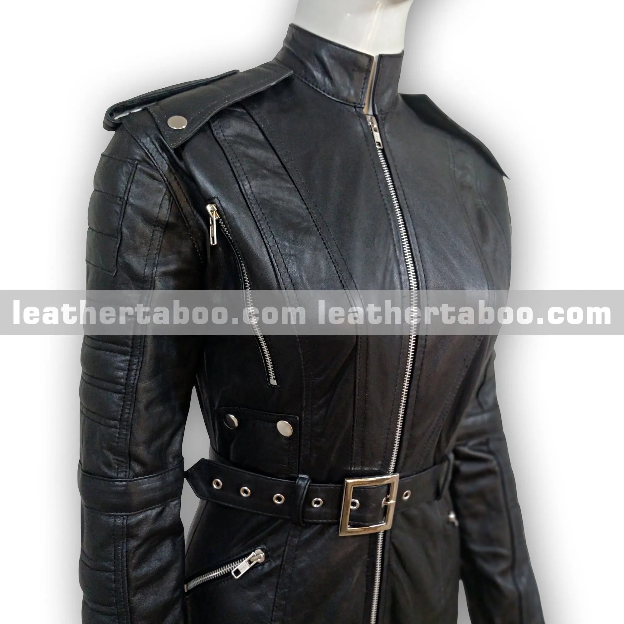 Women’s Black Sheepskin Leather Jumpsuit with Belt, Quilted Sleeves, Zipper Pockets, Shoulder Epaulets, Slim Fit Full Body Suit | Mature - Leather taboo