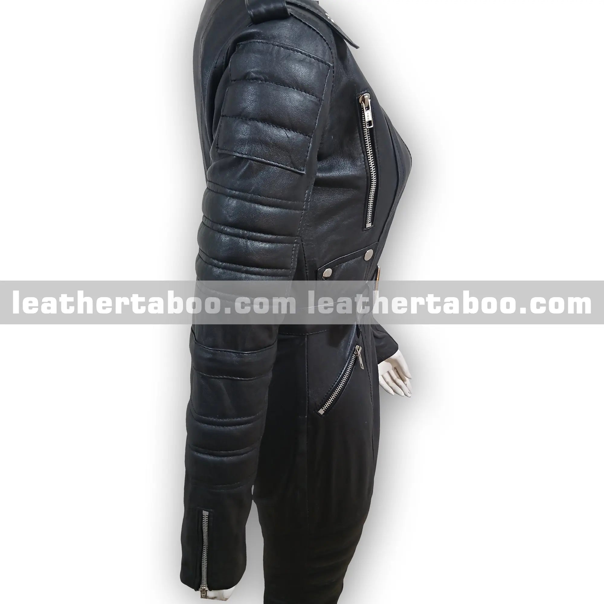 Women’s Black Sheepskin Leather Jumpsuit with Belt, Quilted Sleeves, Zipper Pockets, Shoulder Epaulets, Slim Fit Full Body Suit | Mature - Leather taboo