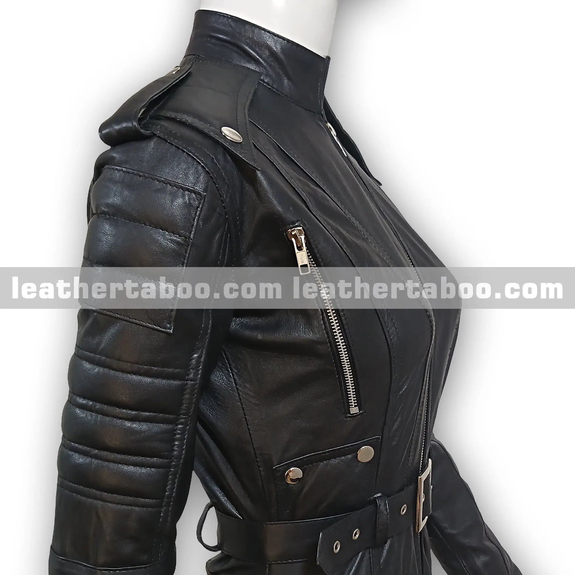 Women’s Black Sheepskin Leather Jumpsuit with Belt, Quilted Sleeves, Zipper Pockets, Shoulder Epaulets, Slim Fit Full Body Suit | Mature - Leather taboo