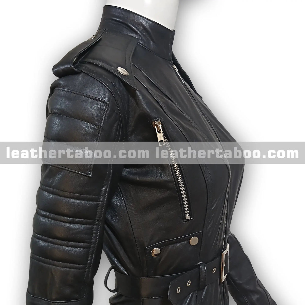 Women’s Black Sheepskin Leather Jumpsuit with Belt, Quilted Sleeves, Zipper Pockets, Shoulder Epaulets, Slim Fit Full Body Suit | Mature - Leather taboo