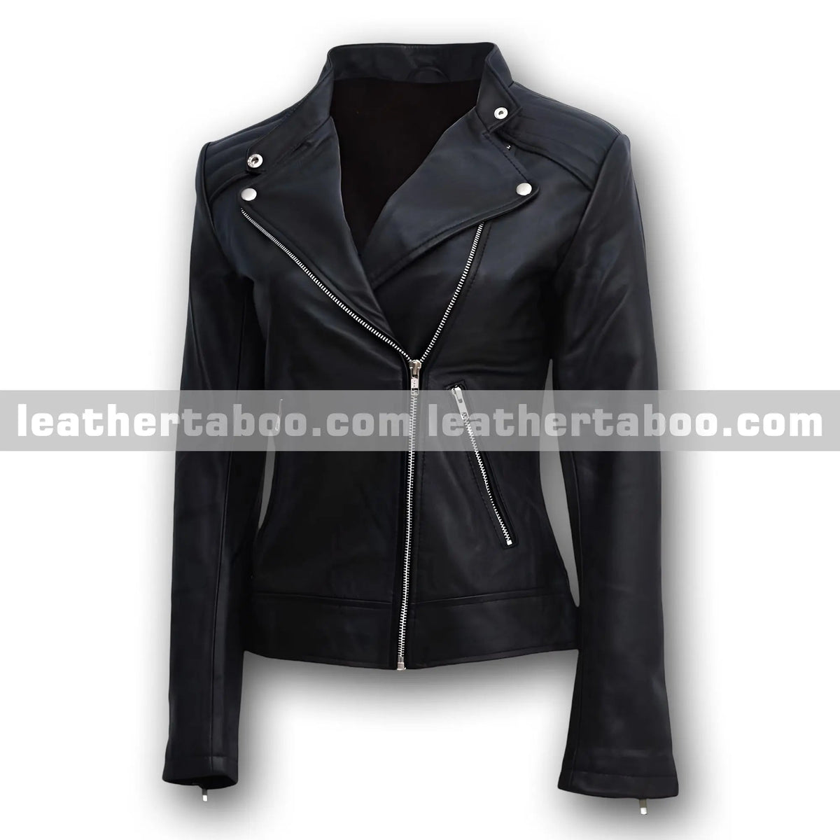 Women’s Black Sheepskin Leather Moto Jacket, detail view 3