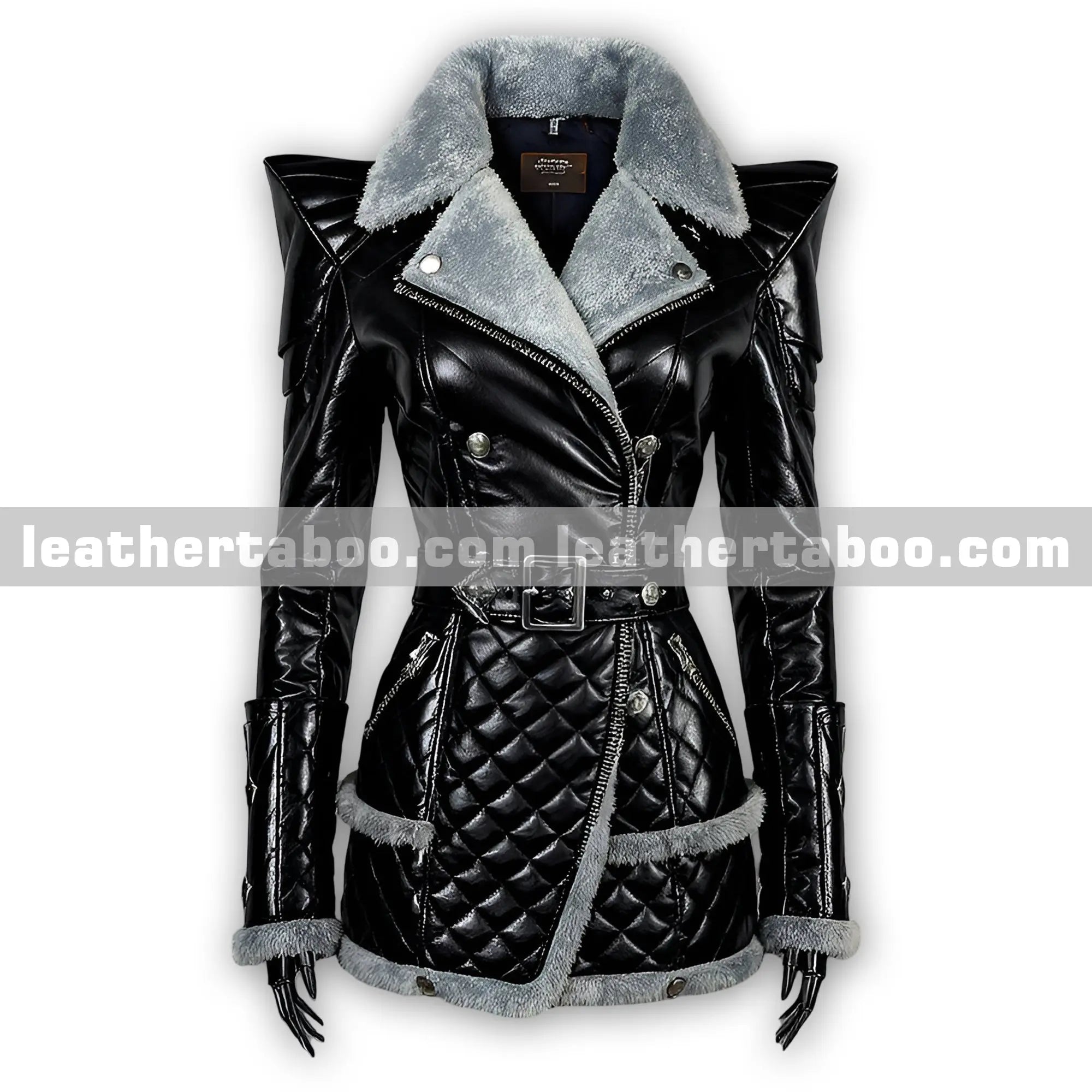 Premium Black Sheepskin Leather Winter Coat with Quilted Design, Soft Fur Trim, Belted Waist, and Front Zipper Closure - Leather taboo