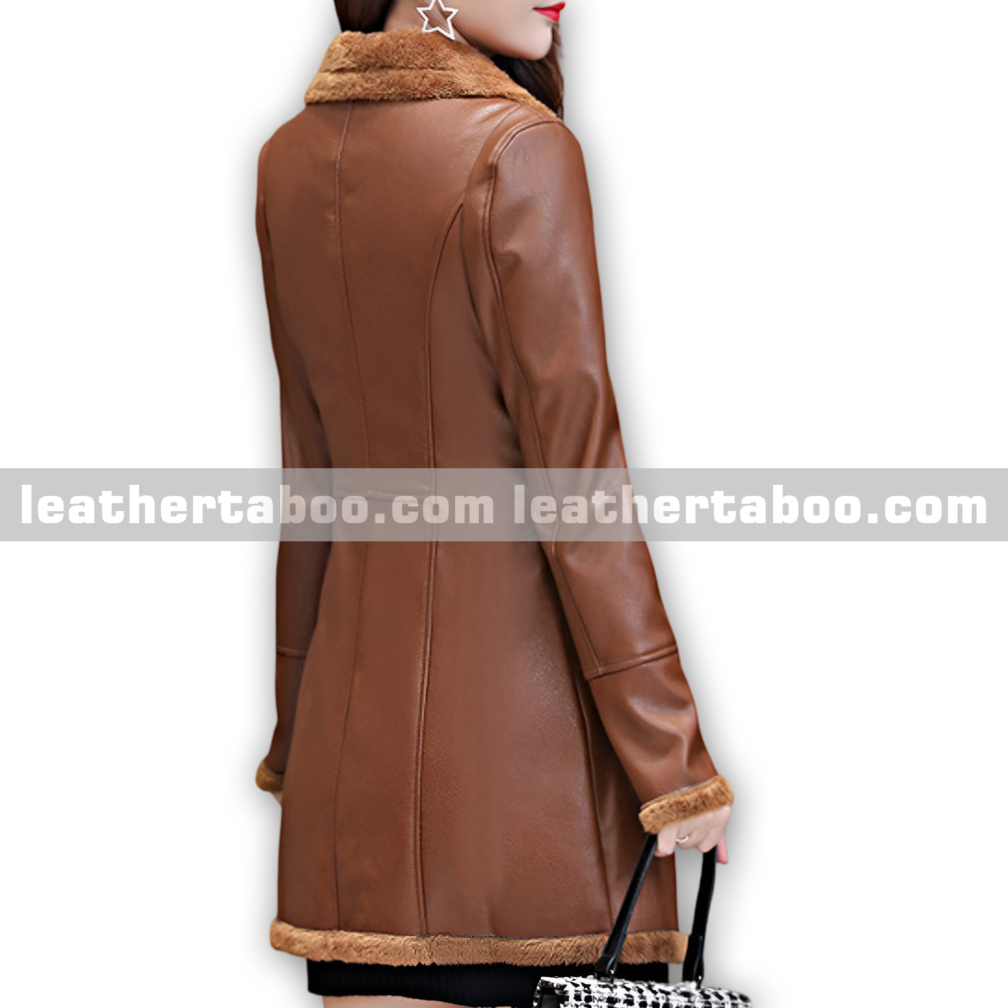Women’s Brown Sheepskin Leather Coat – Lapel Collar Sherpa Shearling Faux Fur Lined Warm Classic Trench Style Jacket