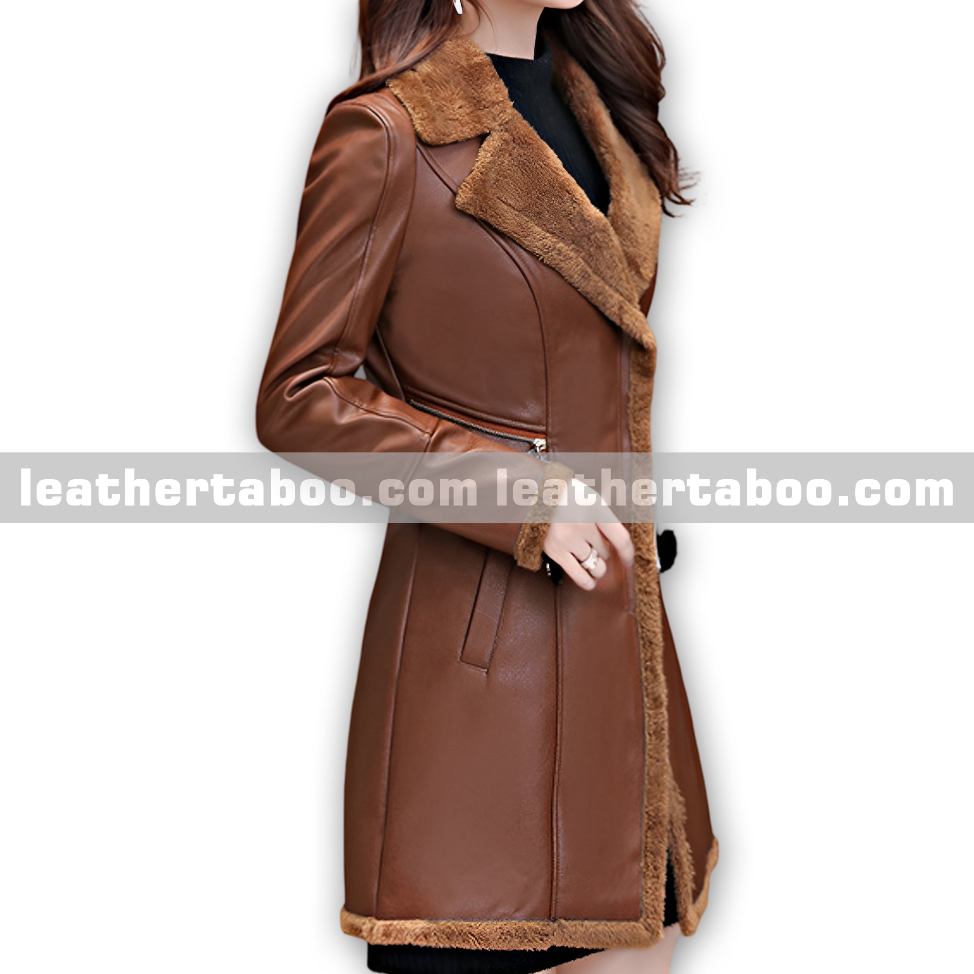 Women’s Brown Sheepskin Leather Coat – Lapel Collar Sherpa Shearling Faux Fur Lined Warm Classic Trench Style Jacket