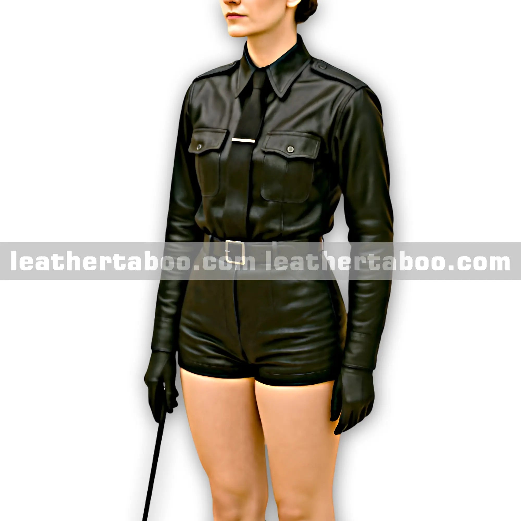Women’s Black Sheepskin Leather Shirt with Belted High Waist Shorts | Formal Leather Outfit - Leather taboo