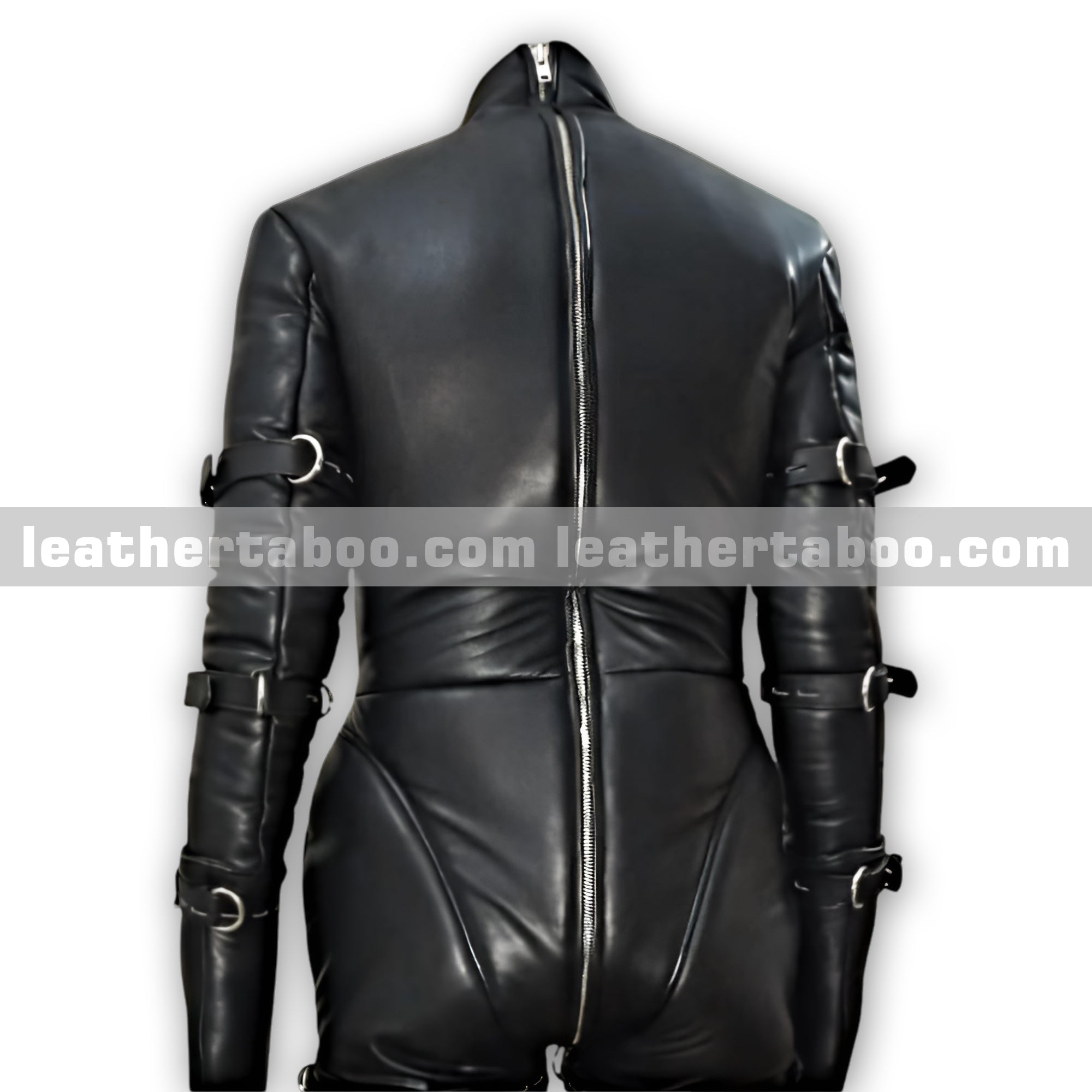 Premium Cowhide Leather Black Full Body Restraint Suit with Zipper Front and Adjustable Buckle Straps for Cosplay & Roleplay