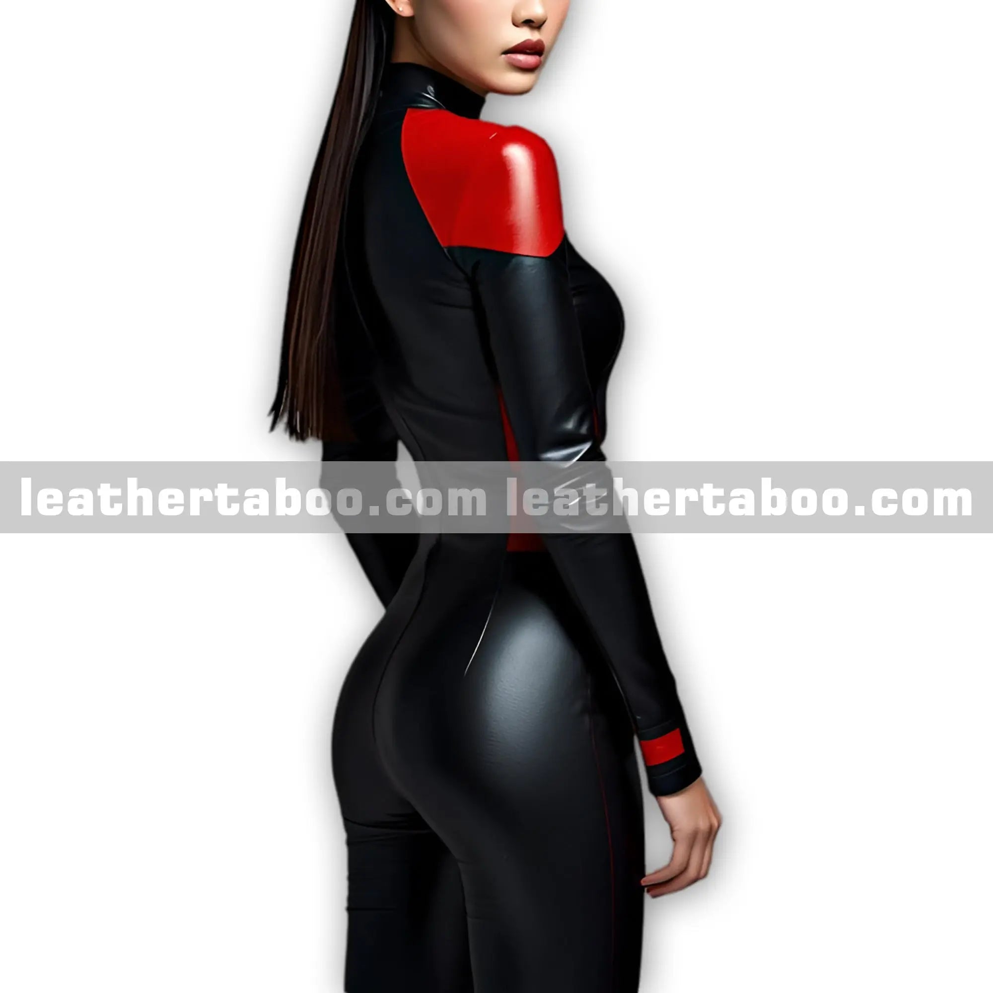 Premium Women’s Black & Red Sheepskin Leather Long Sleeve Catsuit - Stylish Slim Fit One Piece Jumpsuit