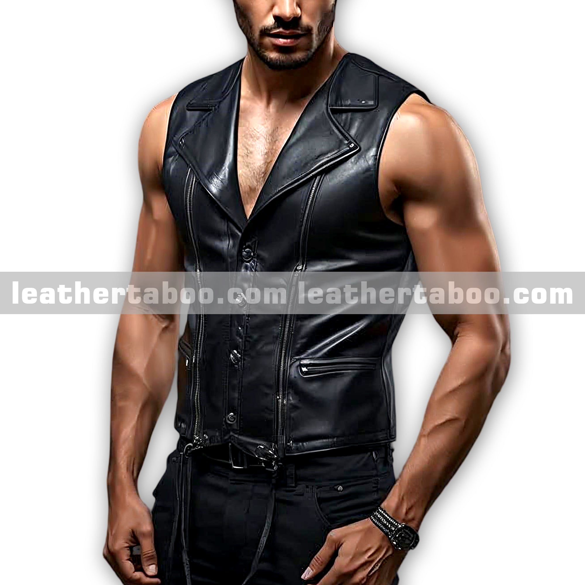 Mens Black Leather Vest | Sheepskin Sleeveless Biker Look | Button Down Vest with Back Lace Detailing | Stylish Outfit
