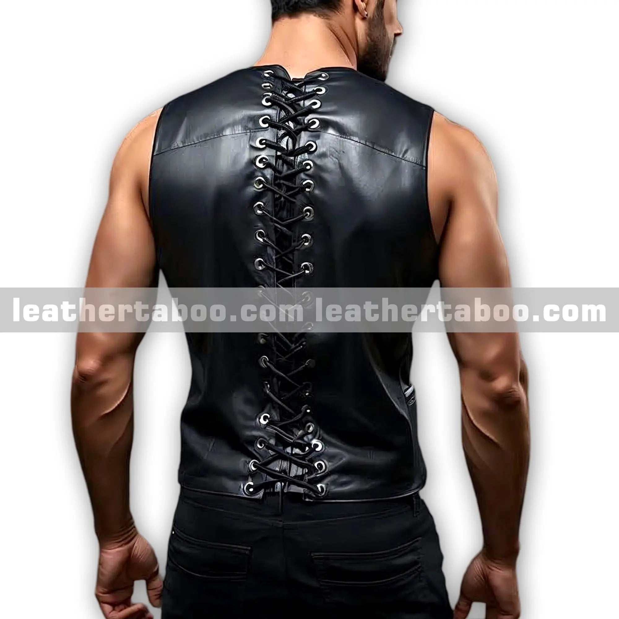 Men's Black Sheepskin Sleeveless Button Down Leather Biker Vest with Back Lace Detailing