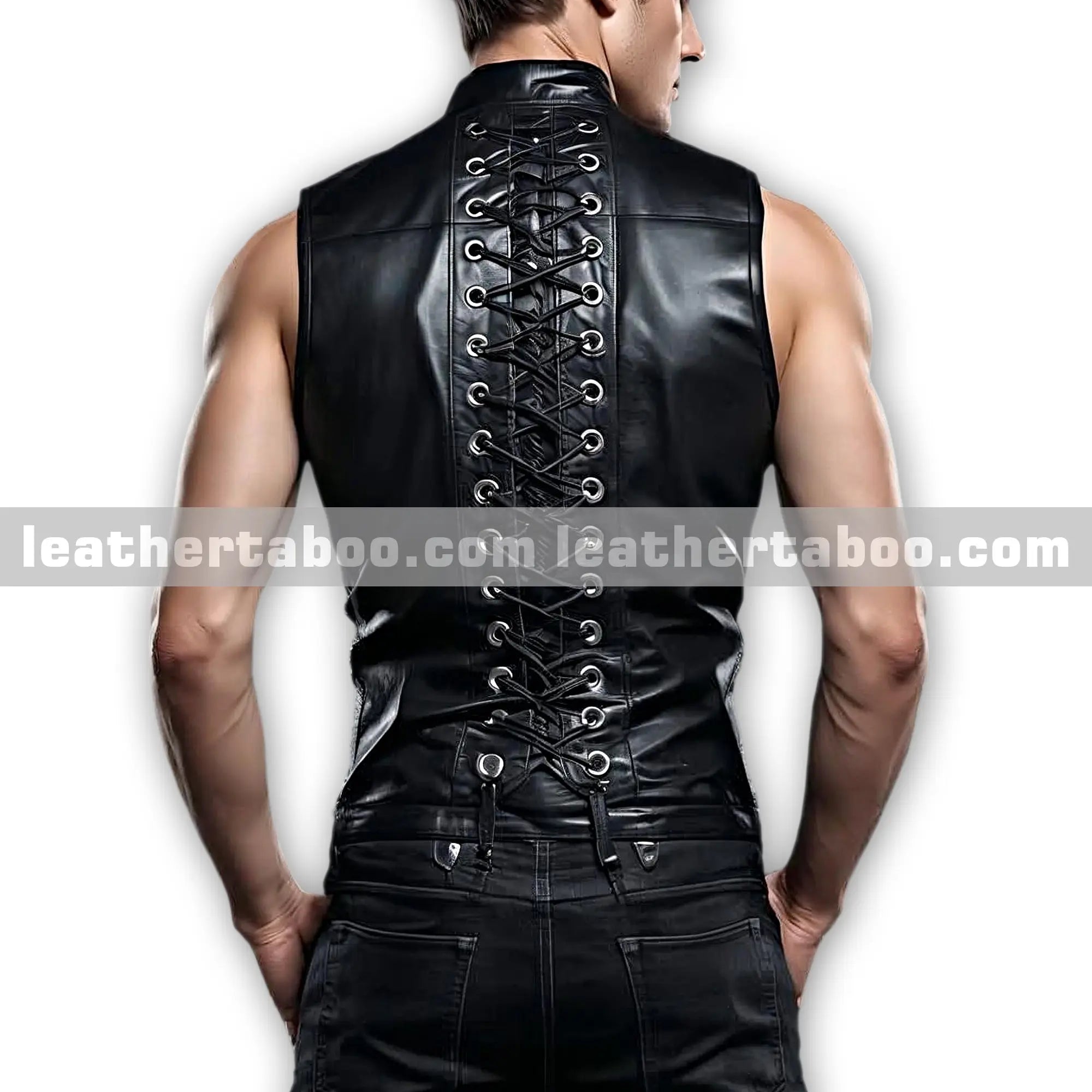Menโs Black Sheepskin Stylish Sleeveless Leather Vest with Zipper and Adjustable Back Lacing Outfit