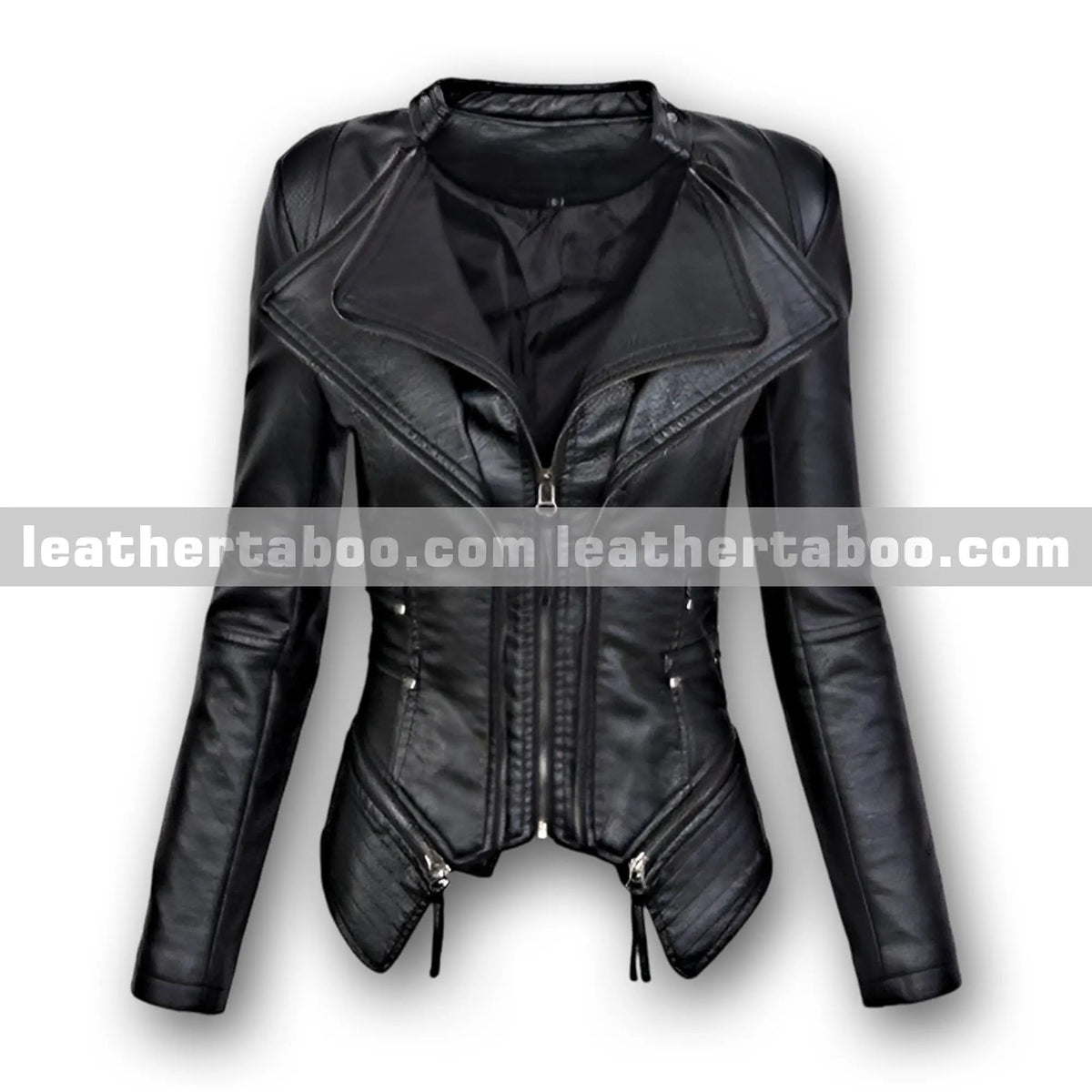 Women's Premium Black Sheepskin Leather Slim Fit Moto Style Jacket Zip Up Outerwear, back view