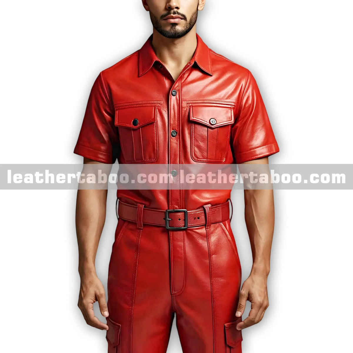 Men’s Premium Sheepskin Red Leather Belted Coverall Jumpsuit with Short Sleeves - Leather taboo