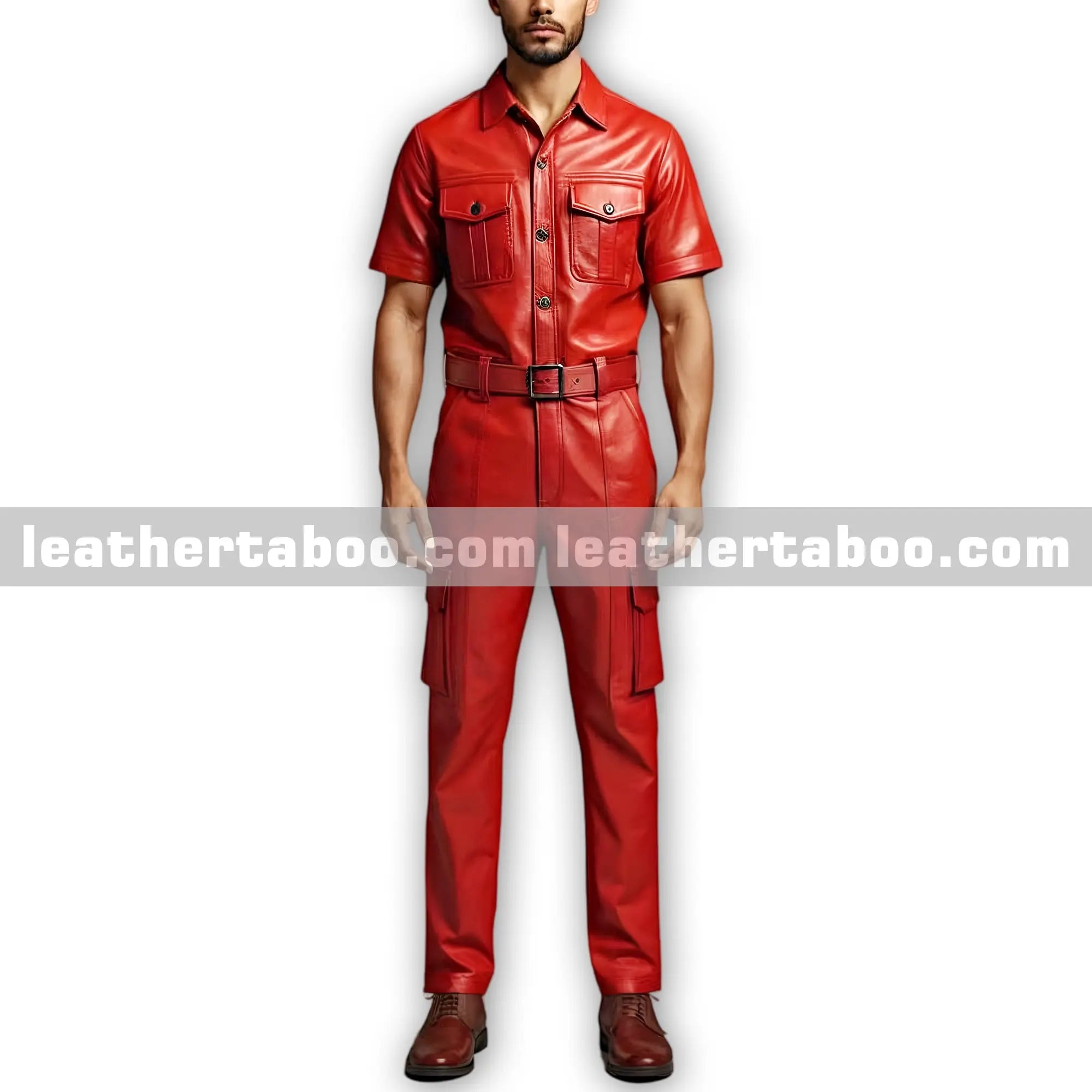 Menโs Premium Sheepskin Red Leather Belted Coverall Jumpsuit with Short Sleeves