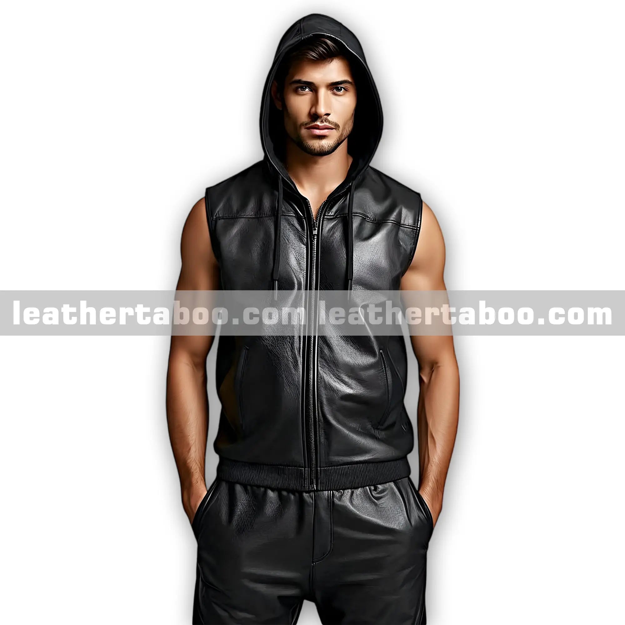 Men’s Black Sheepskin Stylish Leather Sleeveless Hoodie and Pants - Zipper Tracksuit Outfit - Leather taboo