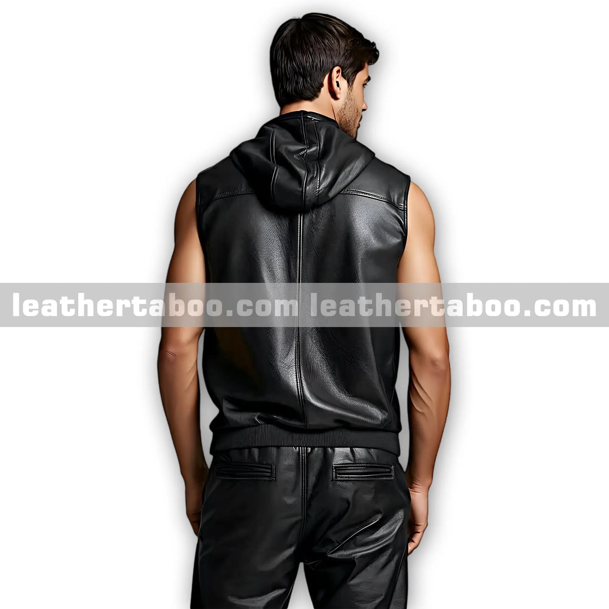 Men’s Leather Sleeveless Zip Hoodie and Pants | Stylish Black Sheepskin Tracksuit Outfit - Leather taboo