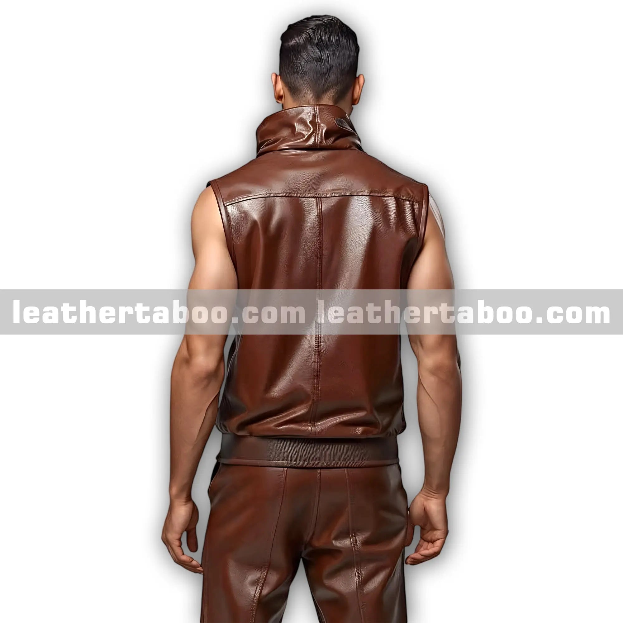 Men’s Brown Leather Sleeveless Hoodie and Jogger Pants | Premium Sheepskin Tracksuit Outfit - Leather taboo
