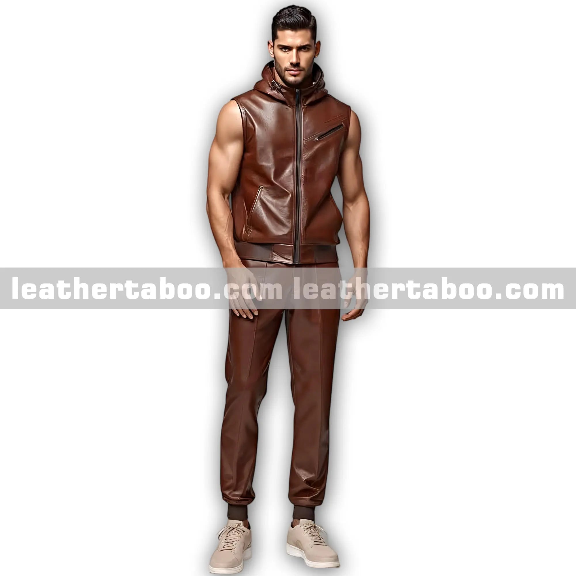 Men’s Premium Sheepskin Brown Leather Sleeveless Hoodie and Jogger Pants - Tracksuit Outfit - Leather taboo