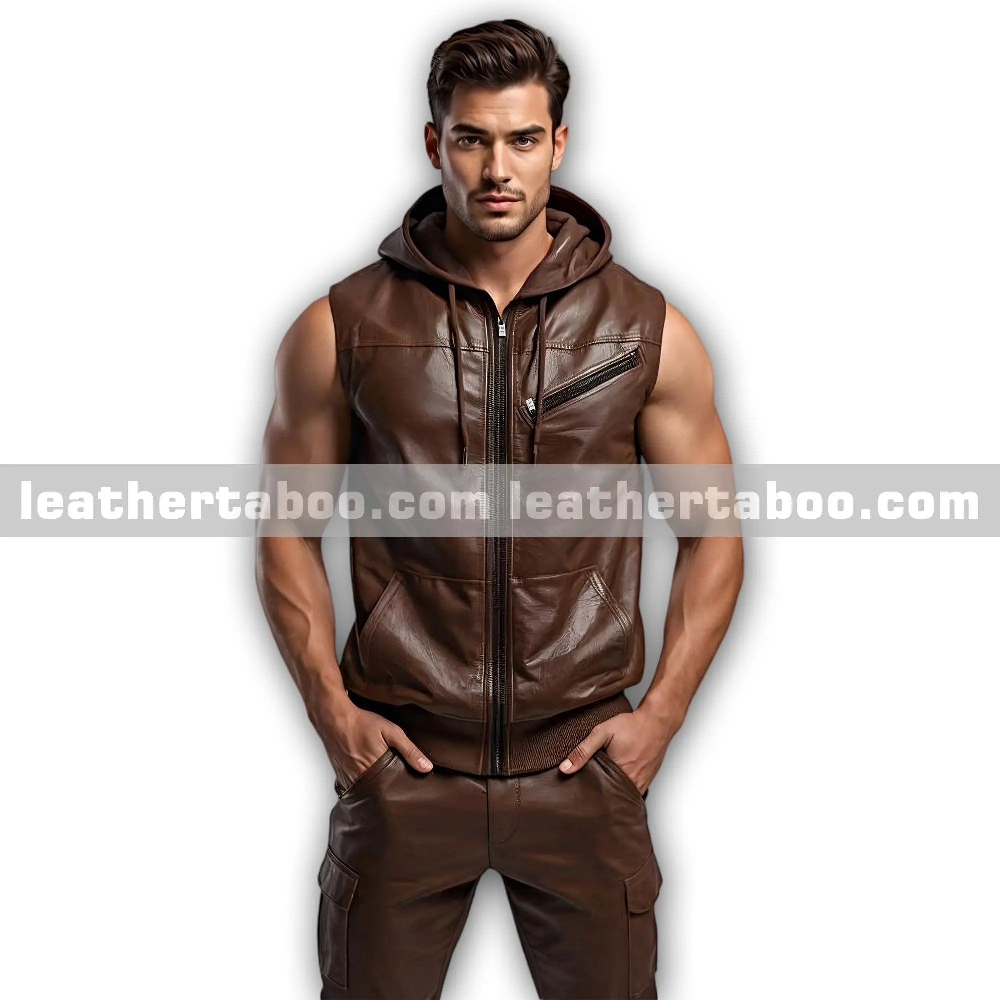 Menโs Brown Sheepskin Leather Hooded Vest and Trousers Outfit โ Sleeveless Zipper Set - Leather taboo