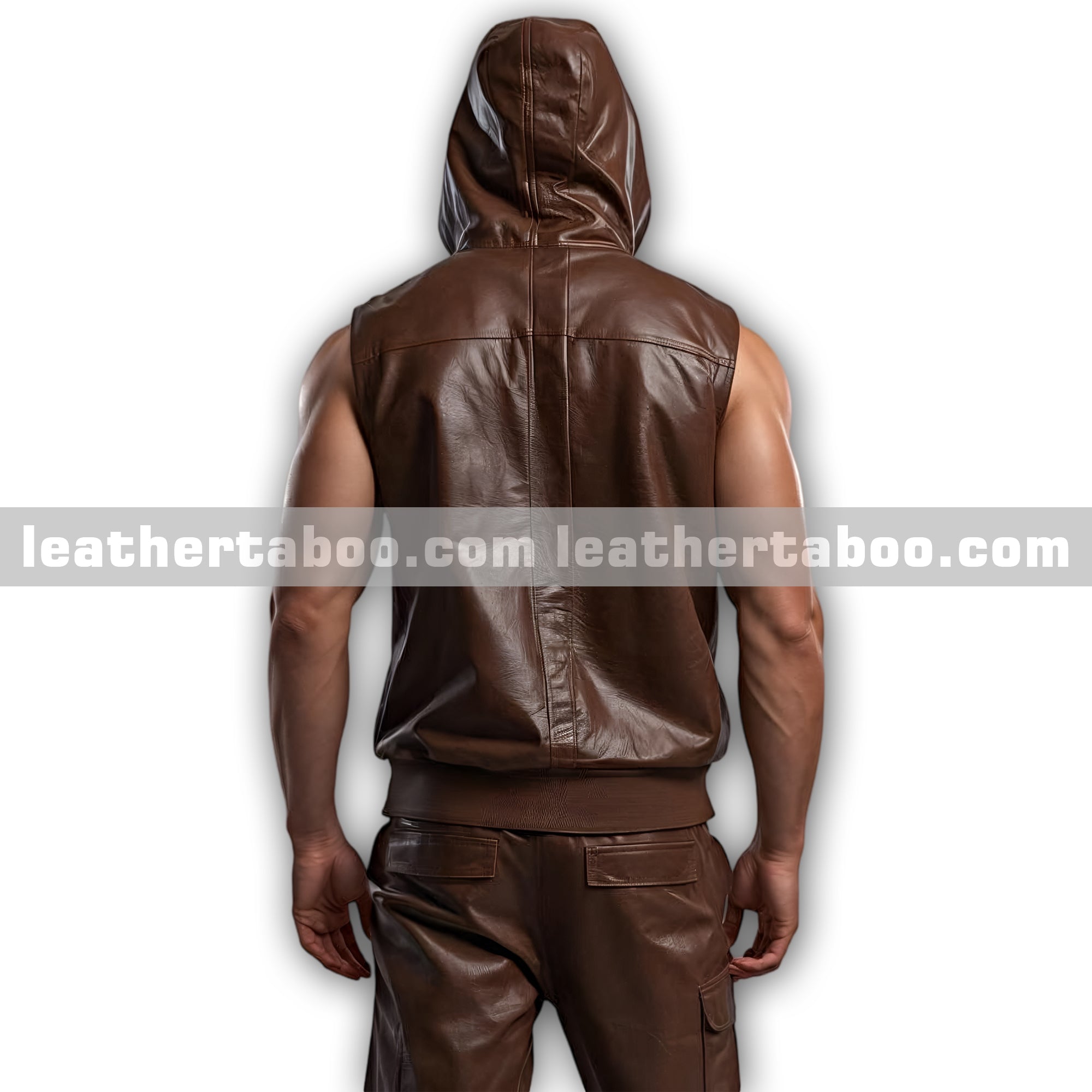 Men’s Brown Sheepskin Leather Hooded Vest and Trousers Outfit – Sleeveless Zipper Set