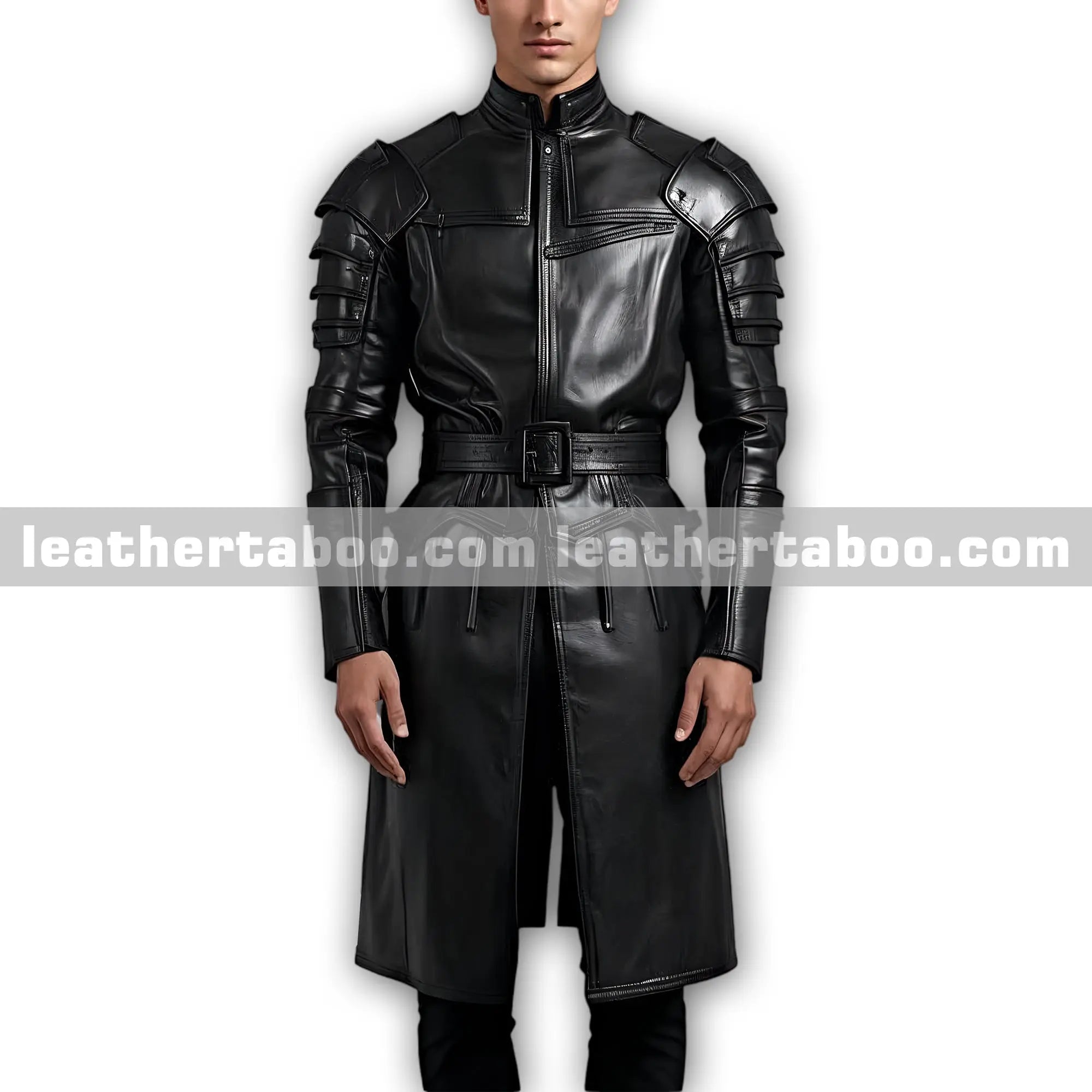 Menโs Gothic Inspired Genuine Leather Long Coat with Armor Style - Sleeves and Waist Belt Closure leathertaboo.com
