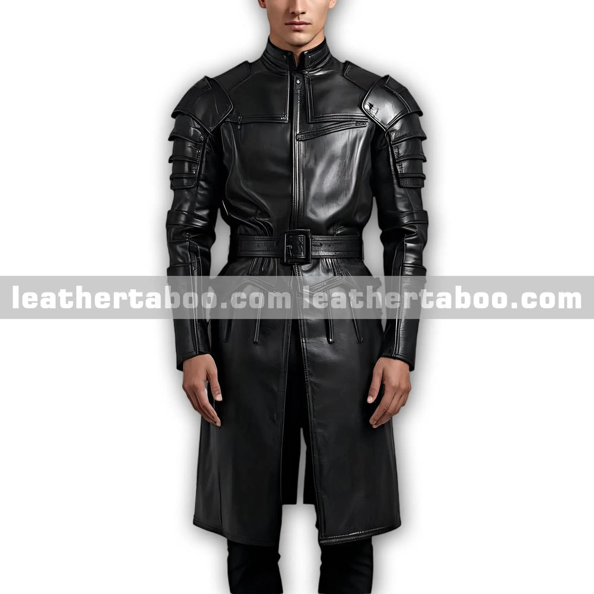Men’s Gothic Inspired Genuine Leather Long Coat with Armor Style - Sleeves and Waist Belt Closure leathertaboo.com