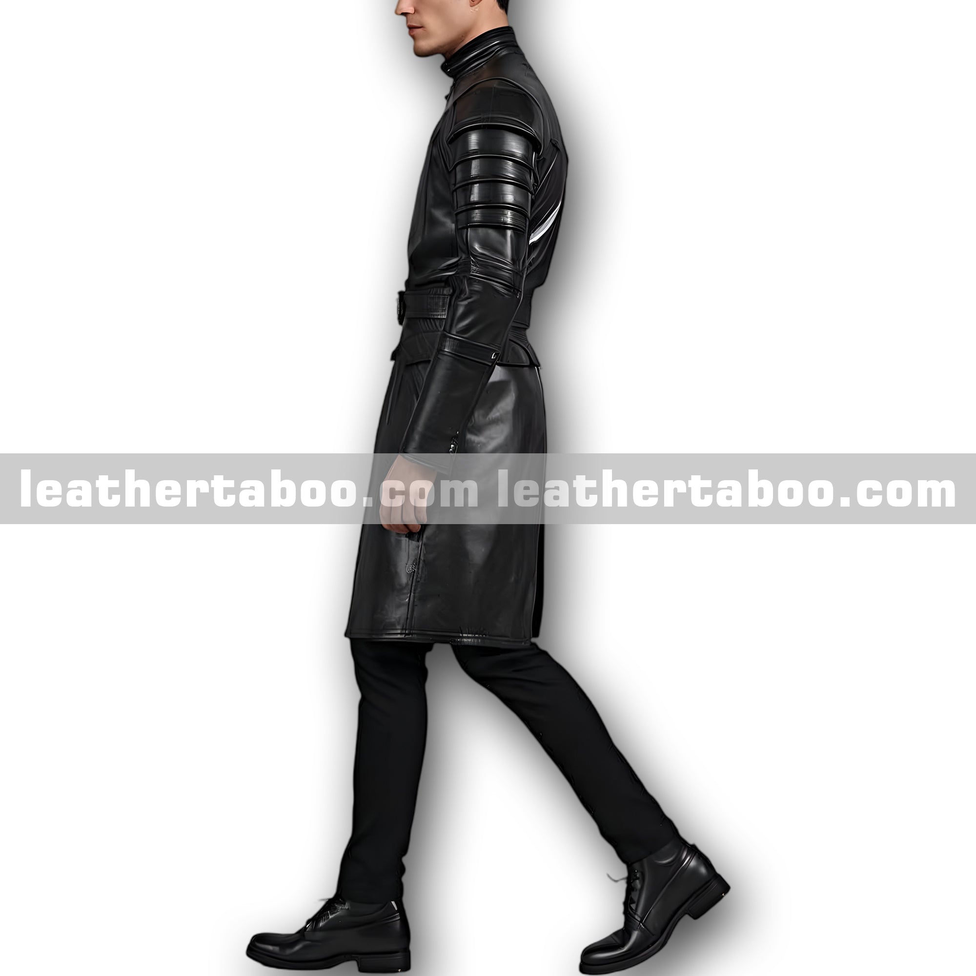 Gothic Inspired Men’s Genuine Leather Long Coat with Armor Style Sleeves and Waist Belt Closure leathertaboo.com