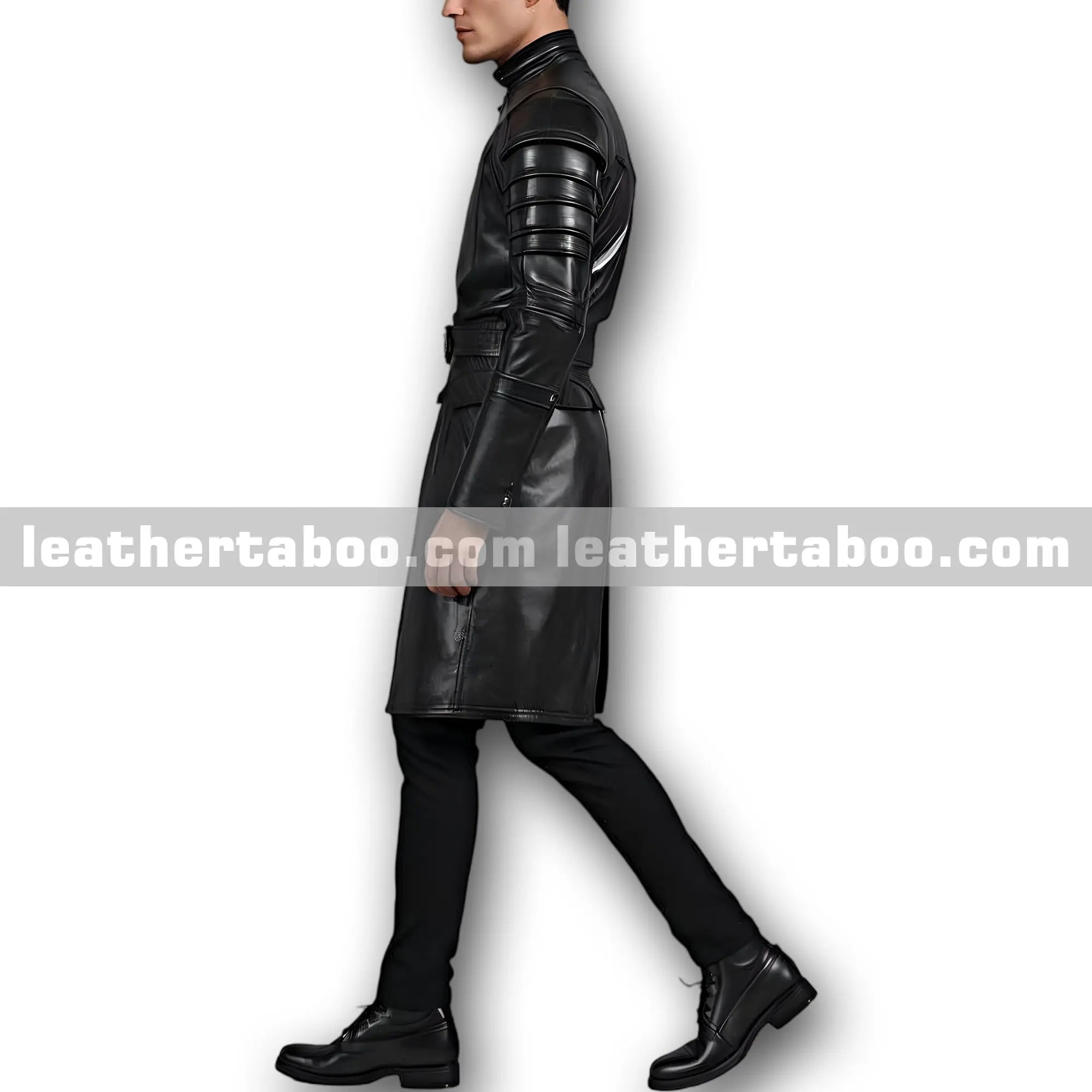 Gothic Inspired Menโs Genuine Leather Long Coat with Armor Style Sleeves and Waist Belt Closure leathertaboo.com