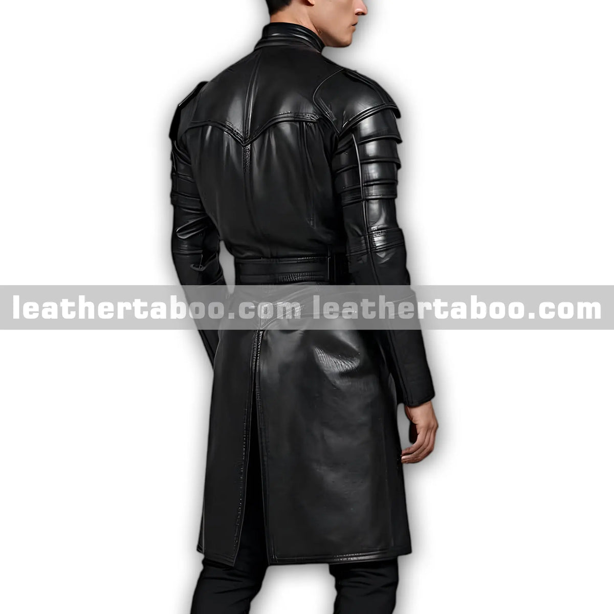 Gothic Inspired Men’s Genuine Leather Long Coat with Armor Style Sleeves and Waist Belt Closure leathertaboo.com
