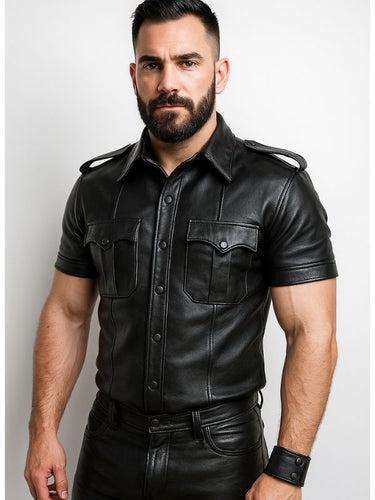 Menโs Black Leather BLUF-Inspired Uniform Shirt (Police-Style Casual Leather Top)