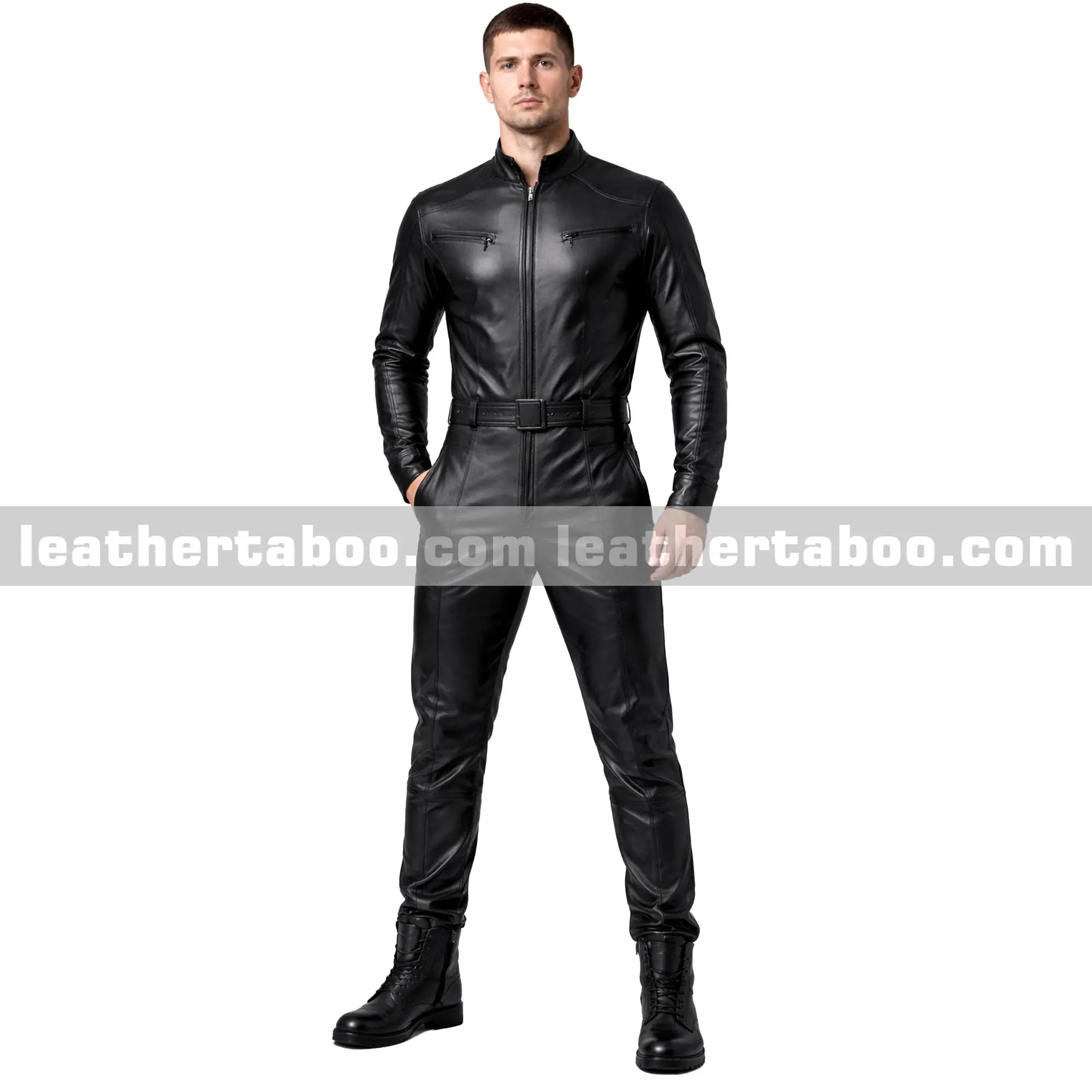 Menโs Black Sheepskin Leather Jumpsuit with Long Sleeves and Slim Fit Modern Design leathertaboo.com