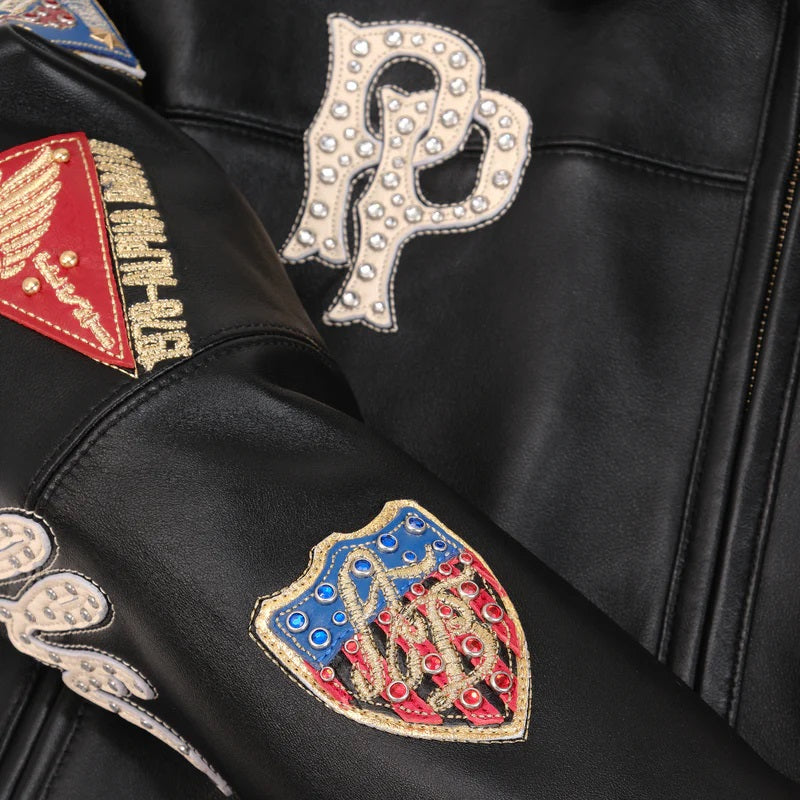 Black Embroidered Bomber Jacket for Women – Premium Cowhide Leather with Pelle Pelle Style Badges & Street Patchwork