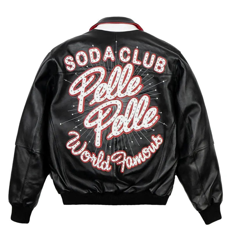 Men's Black Premium Cowhide Leather Jacket โ Pelle Pelle Style with Red Trim & Embroidered Logo - Leather taboo