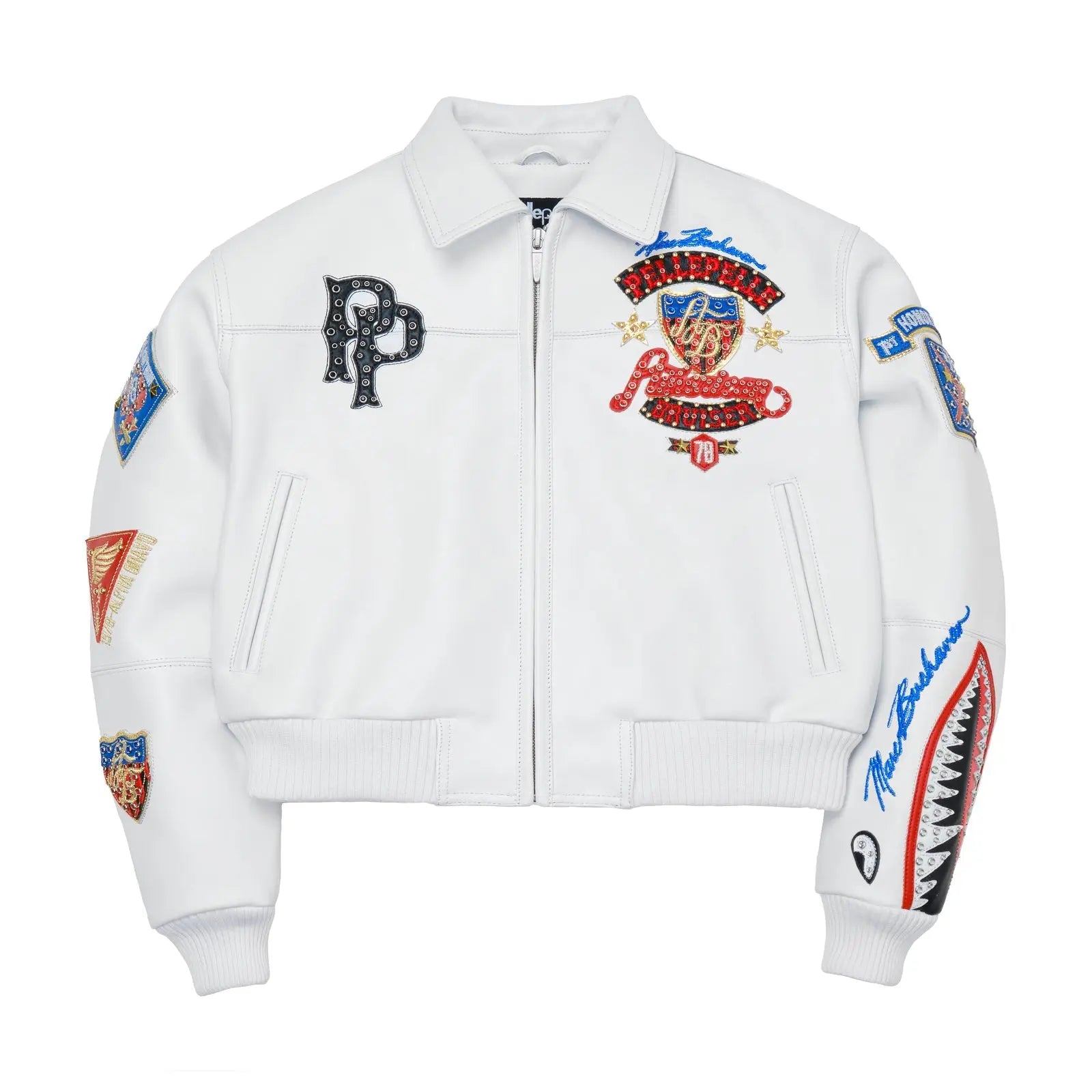 Pelle Pelle White Cowhide Leather Bomber Jacket for Women โ Embroidered Varsity Style - Leather taboo