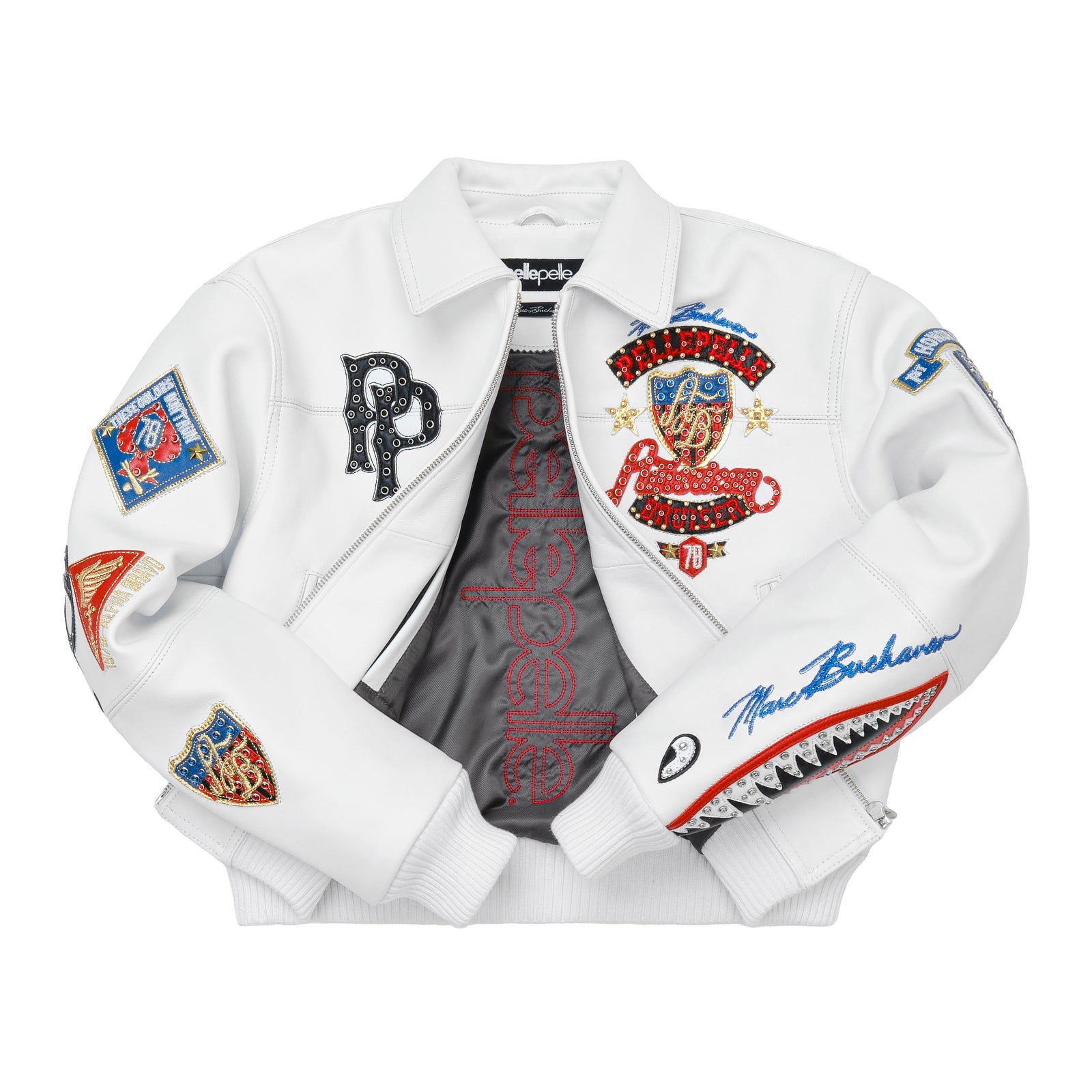 Pelle Pelle White Cowhide Leather Bomber Jacket for Women – Embroidered Varsity Style