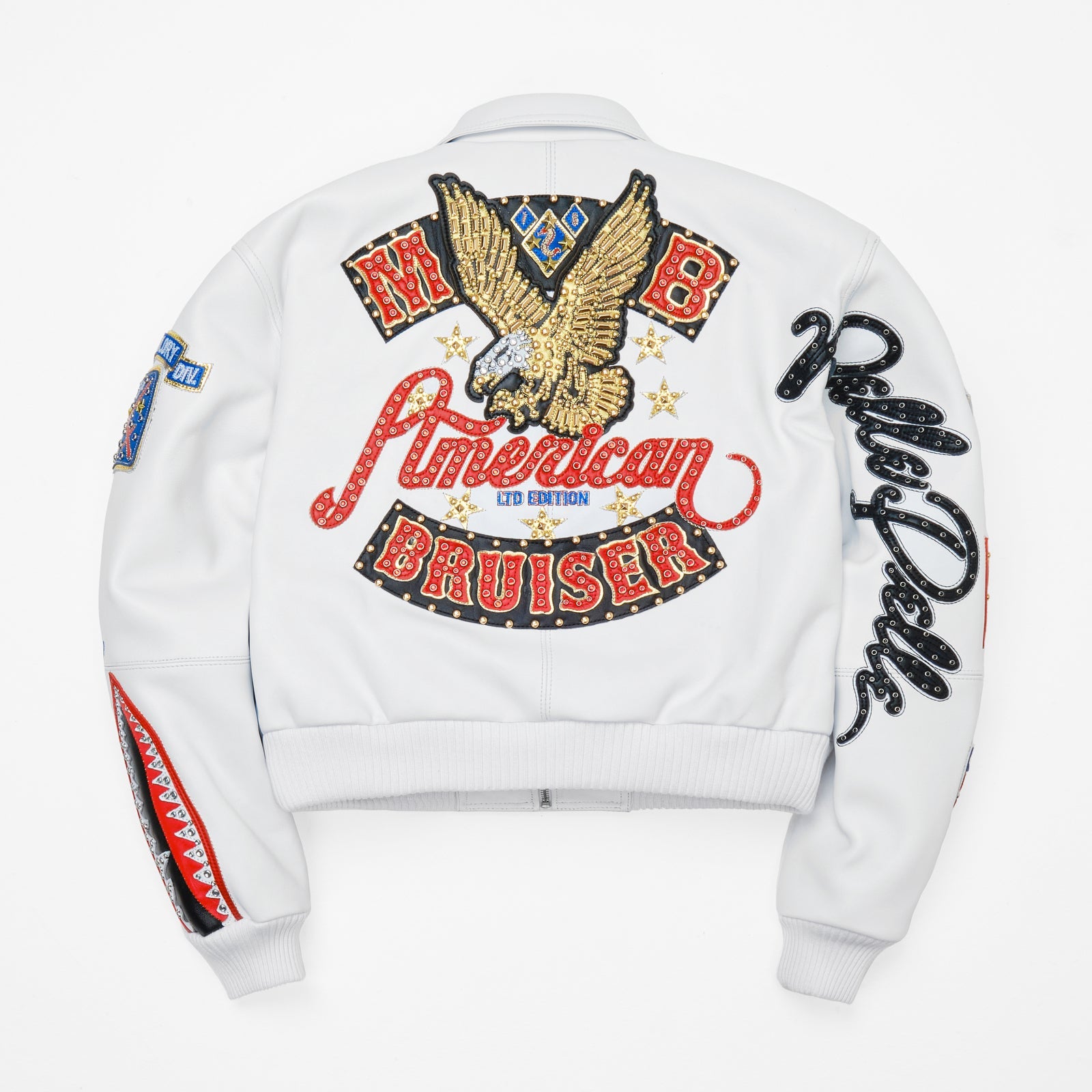 Pelle Pelle White Cowhide Leather Bomber Jacket for Women – Embroidered Varsity Style